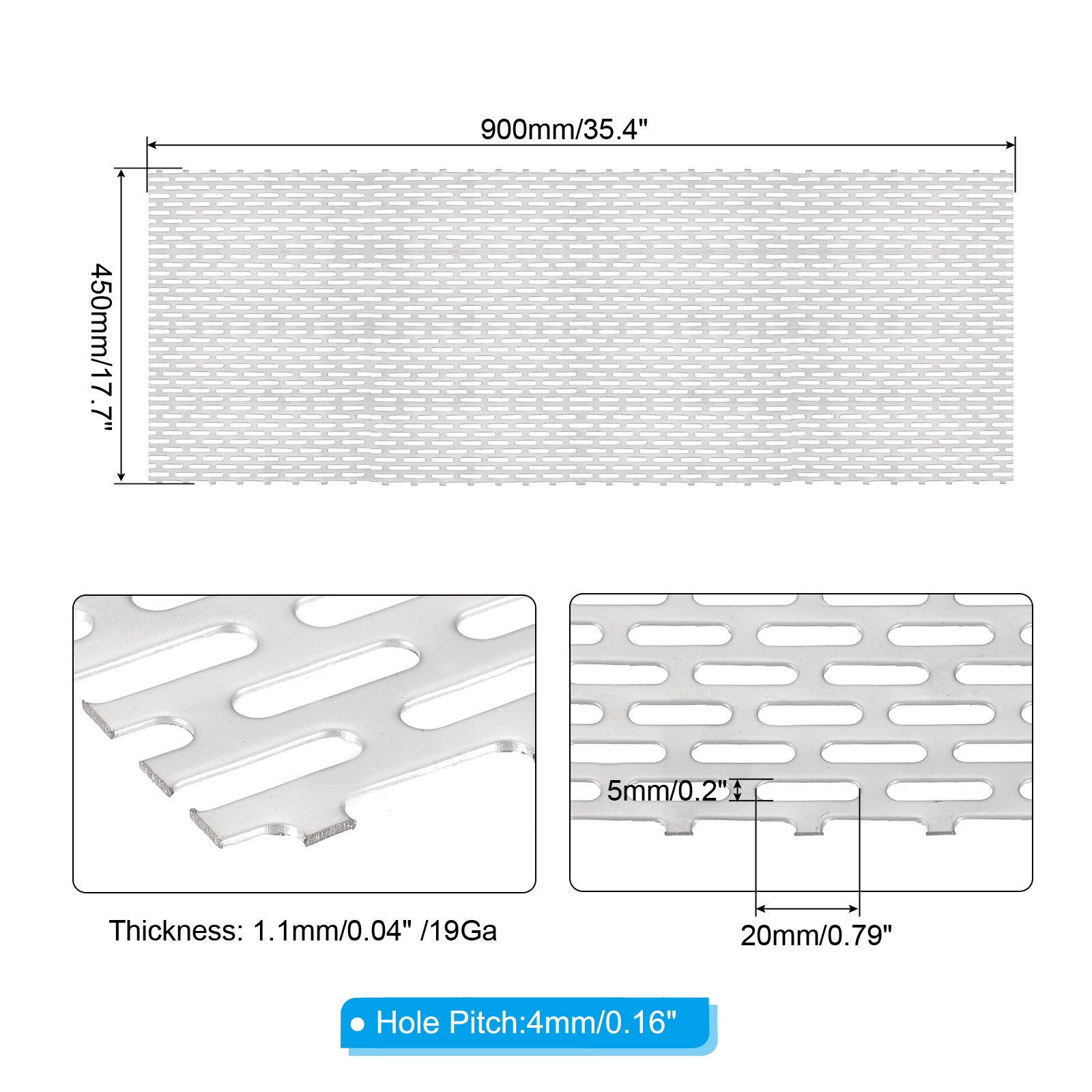 35.4″ x 17.7″ Perforated Metal Sheets, 19Ga 0.2″ x 0.79″ Oval Hole Mesh