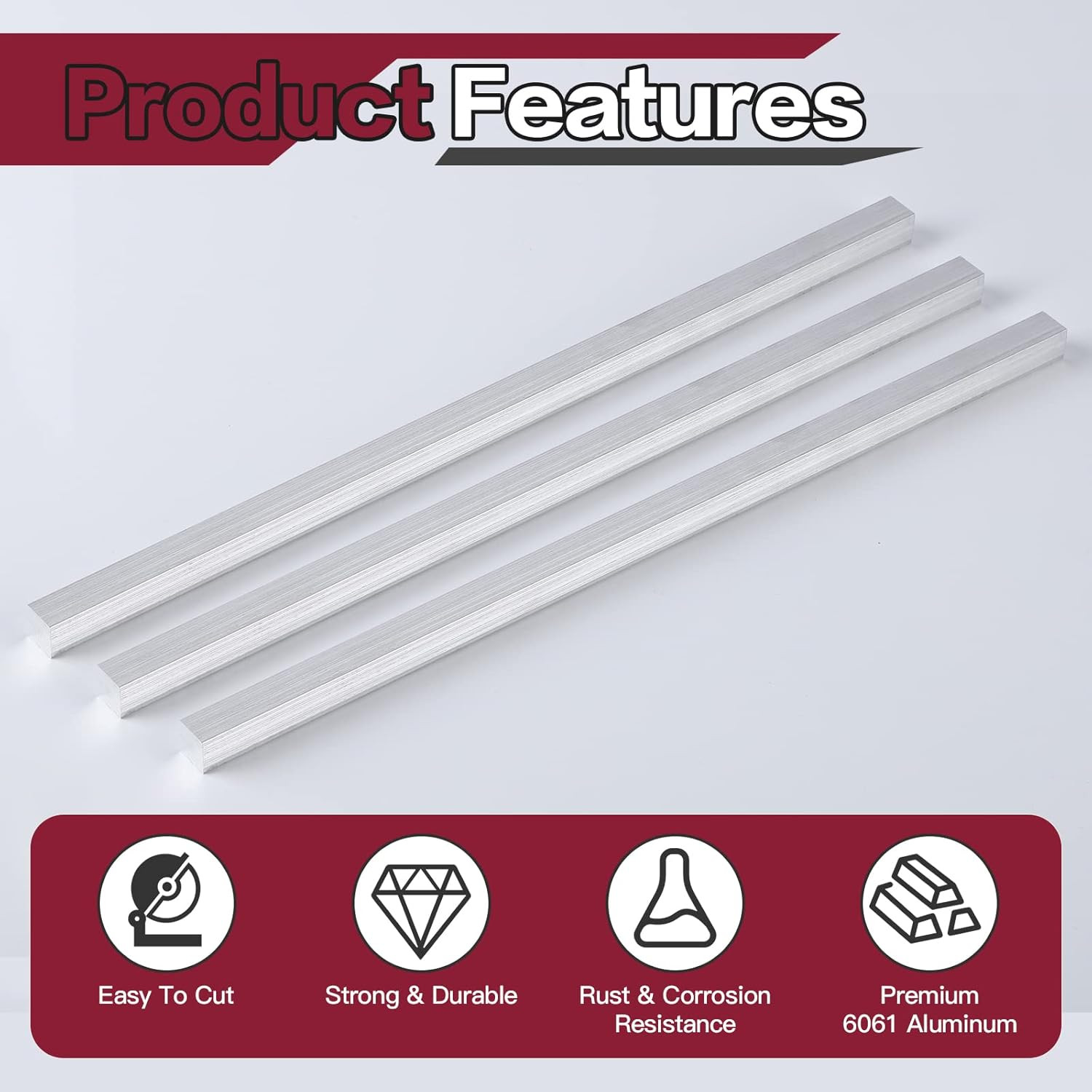 13Inch Square Aluminum Flat BAR 3 Pieces of 1/2″ X1/2″ 6061 General Purpose Plat