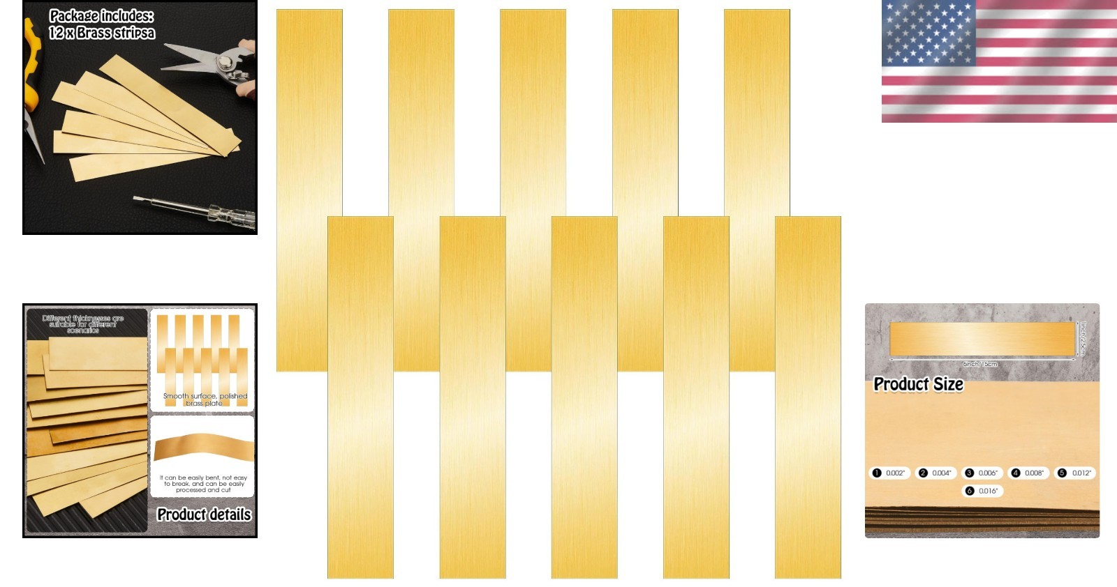 12 Assorted Brass Strips: 6” Length, Multiple Thicknesses for Versatile Use