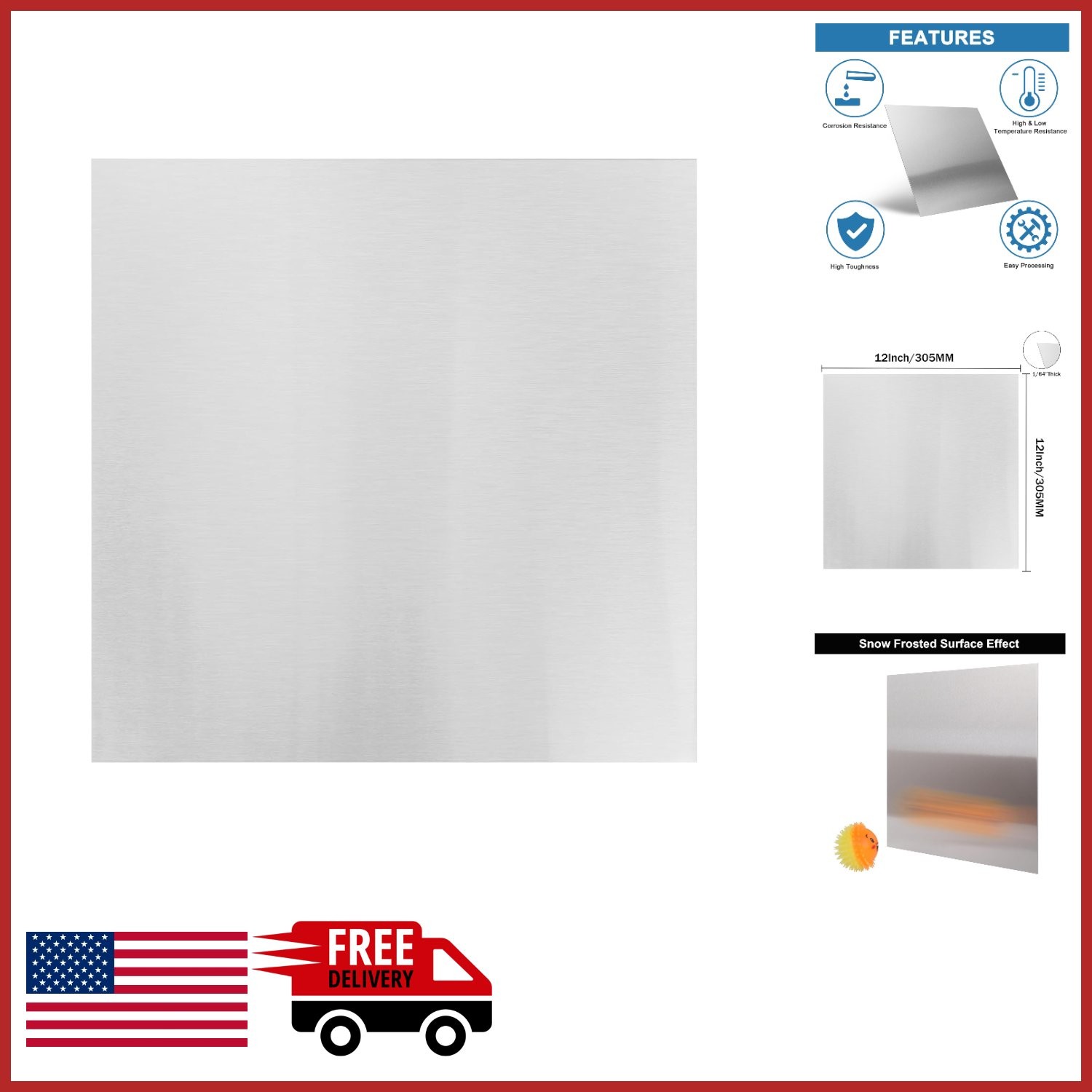 Square 304 Stainless Steel Sheet 12″ x 12″ with Snow Frosted Surface