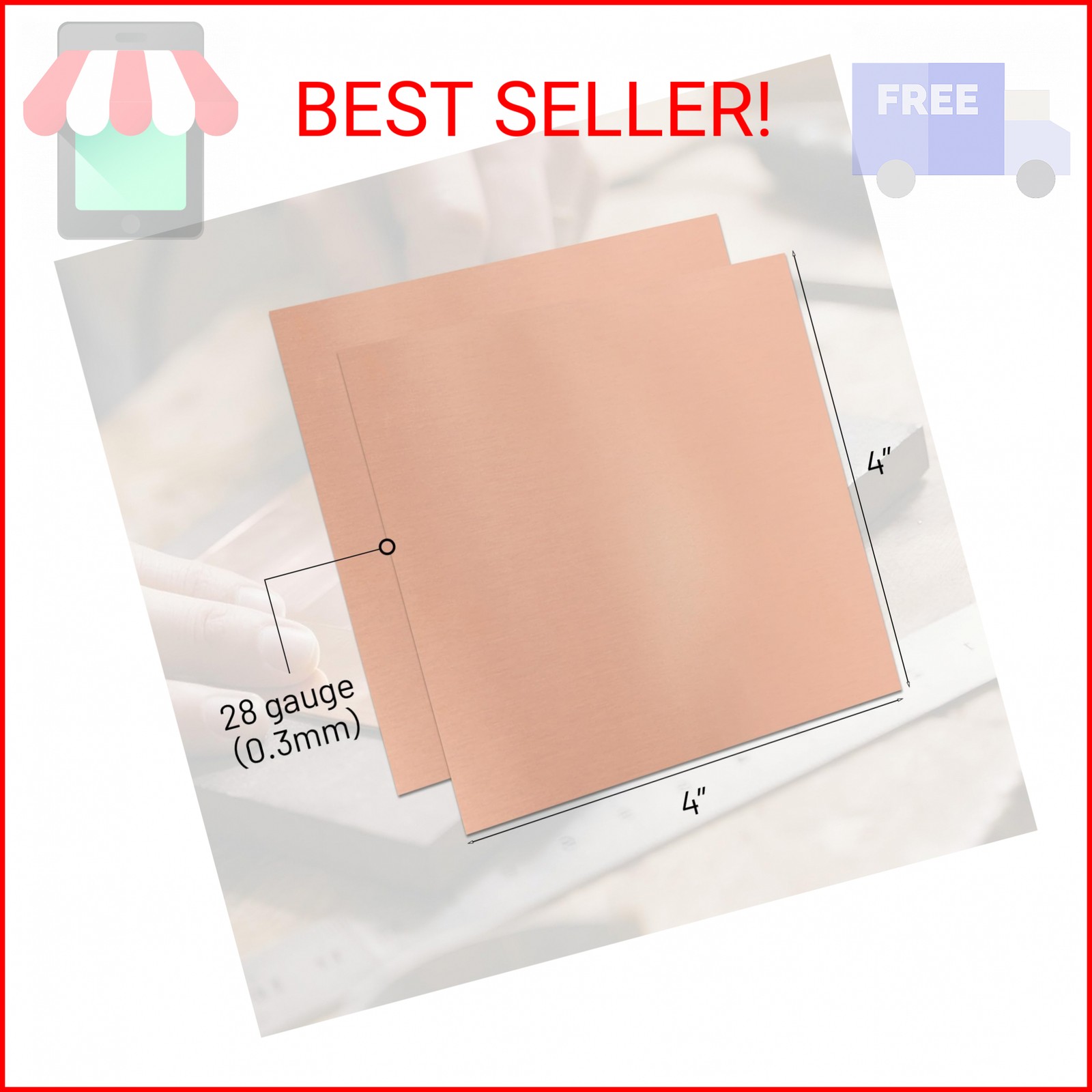 2 Pcs 99.9%+ Pure Copper Sheet, 6″ x 6″, 28 Gauge Thickness Copper Plates, 153 x