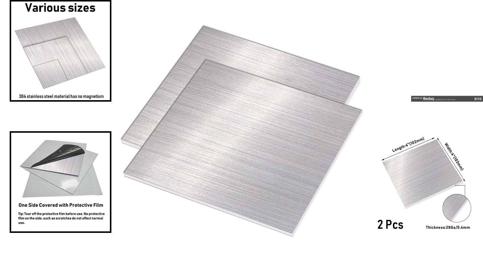 2 Pcs 28 Gauge 304 Stainless Steel Sheet | 4” x 4” Rectangular Brushed Finish
