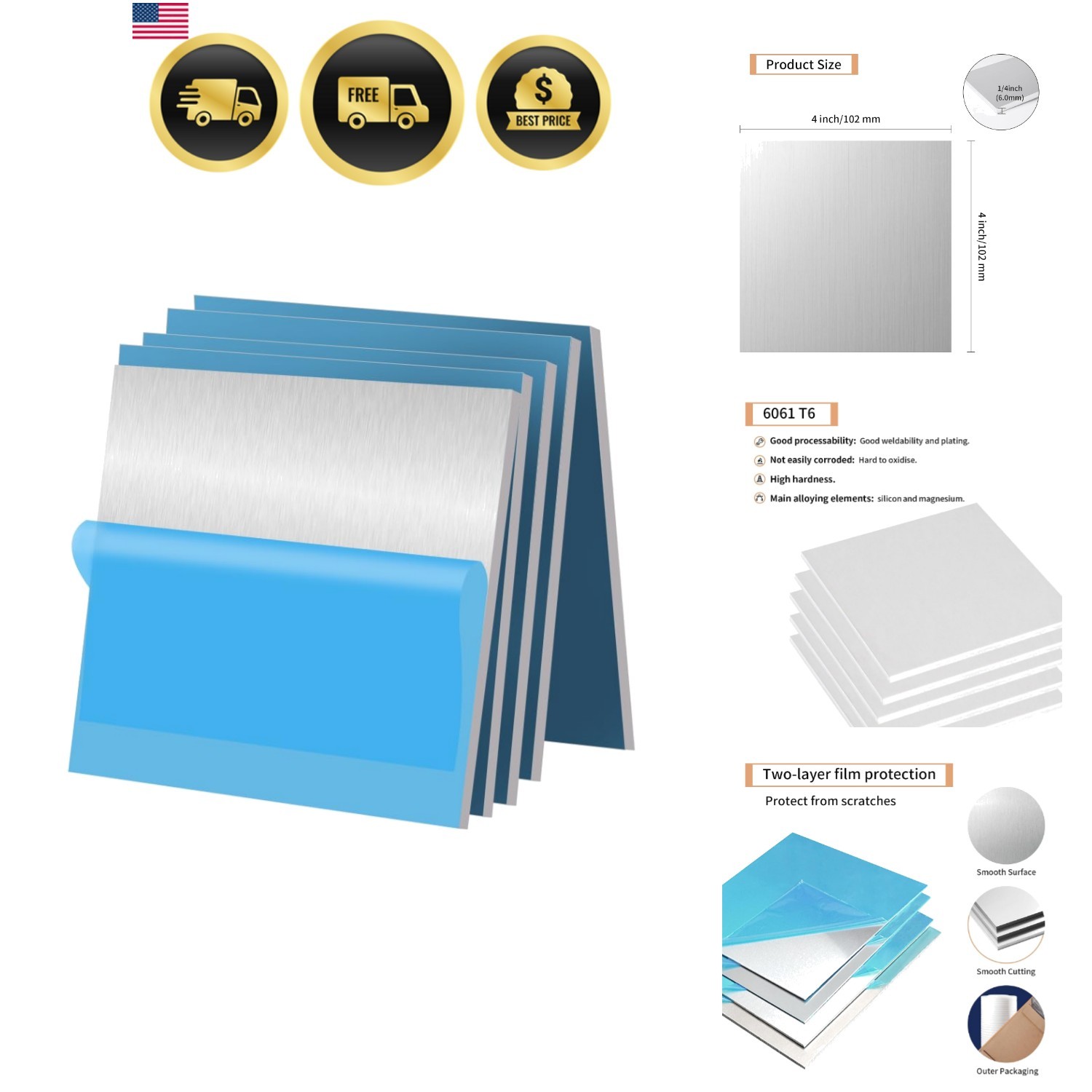 5PCS 6061 Aluminum Sheet Metal 1/4″ x 4″ x 4″, Aluminum Plates Covered with P…