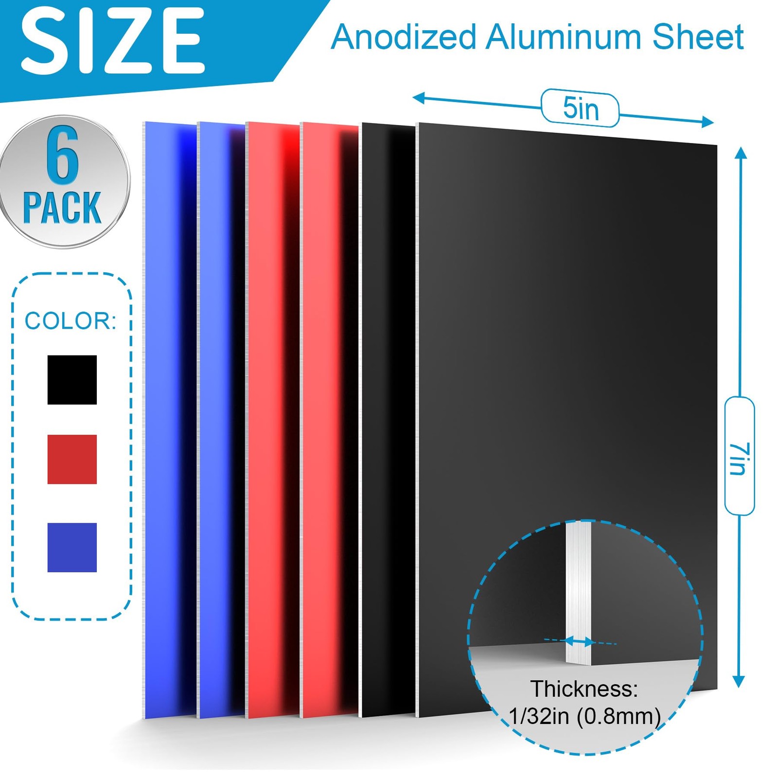 6 PCS 7x5x1/32 Inch 0.8mm Anodized Aluminum Sheet Metal Plates For Laser