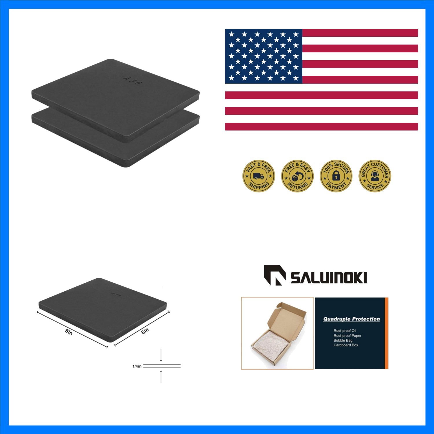 2Pack 1/4 Hot Rolled Steel Plate A36 Steel Sheet 8in x 8in A36 Square Steel