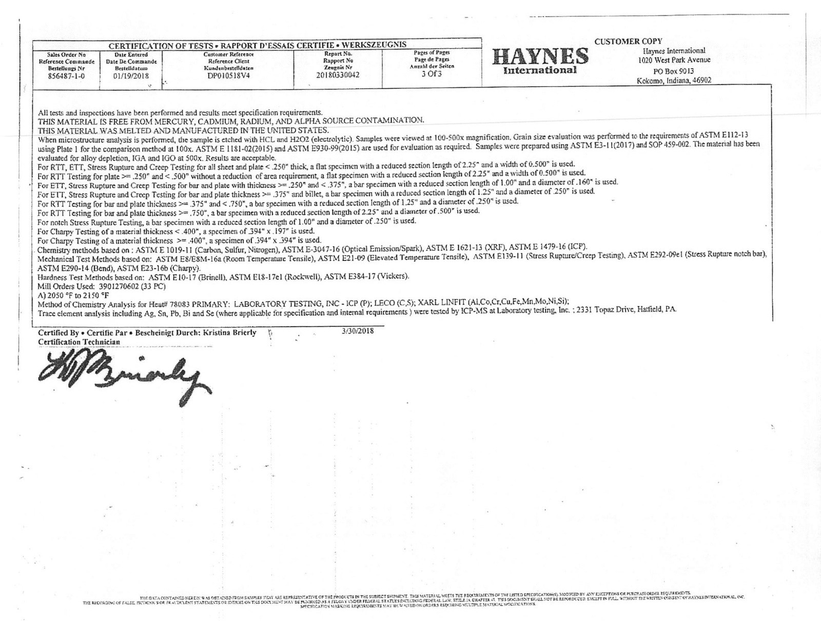 HAYNES INTERNATIONAL HASTELLOY C-2000 ALLOY SHEET METAL .063 X 48″ X 144″ CERTS