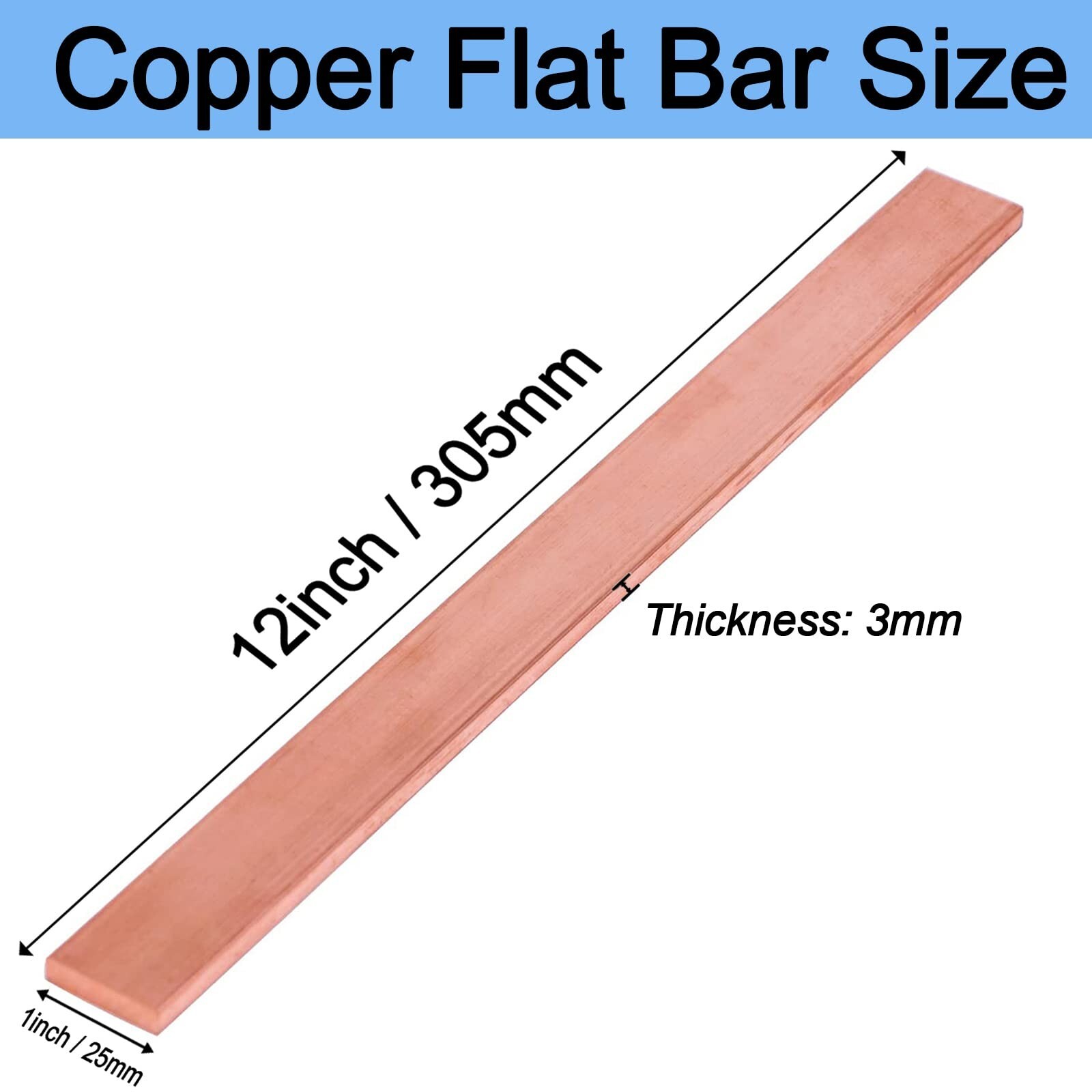 1/8″ x 1″ C110 Copper Flat Bar 12″ Long, Copper Bus Bar 1/8″ x 1″