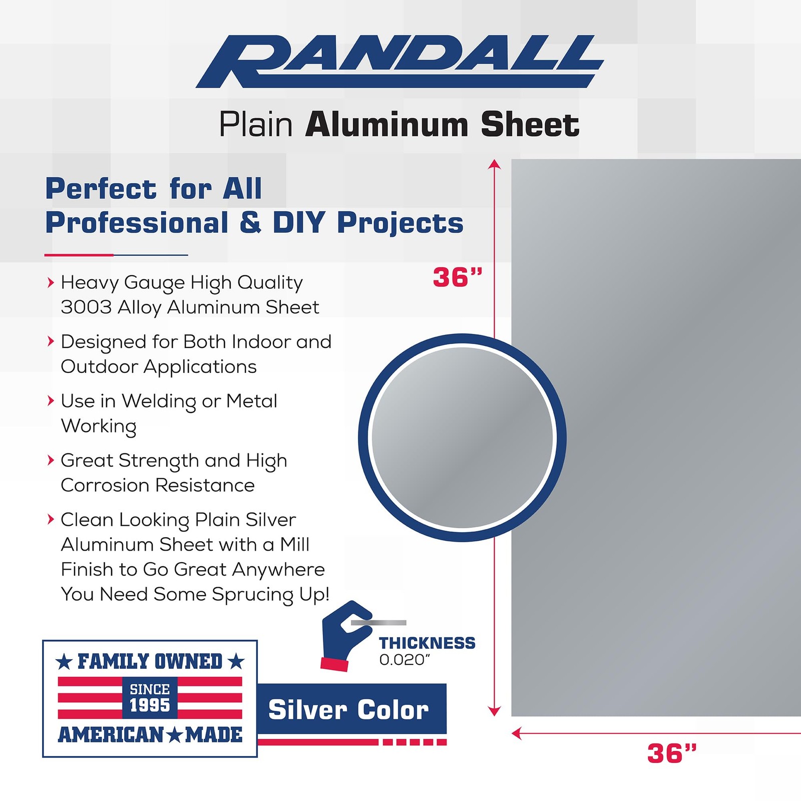 36″ x 36″ Plain Aluminum Sheet | .020″ Thick | Silver Metal Sheet for Indoor &