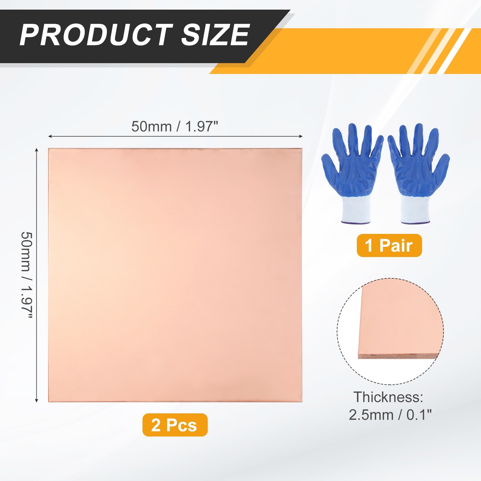 2 PCS 99.9% Pure Copper Sheet, 50 x 50 x 2.5mm with Gloves