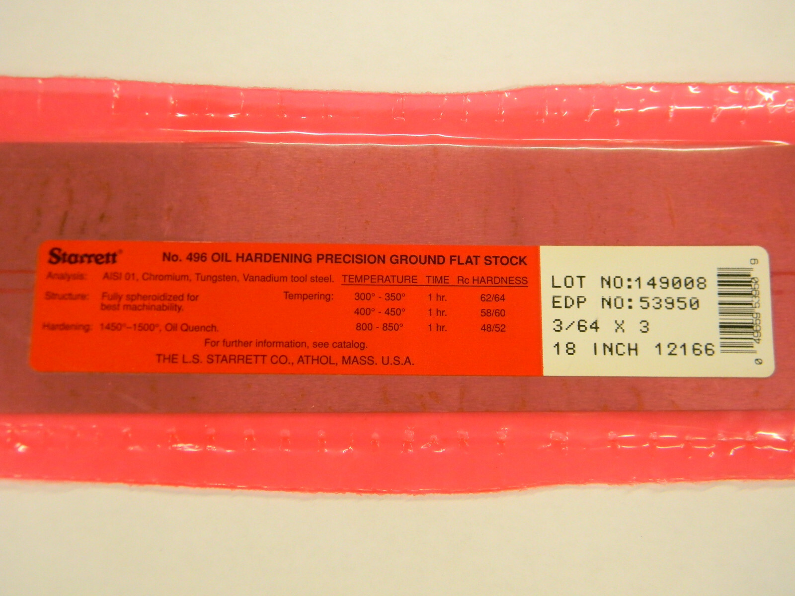 New Starrett 496 Oil Hardening Ground Flat Stock 53950 3/64″ x 3″ x 18″ F2