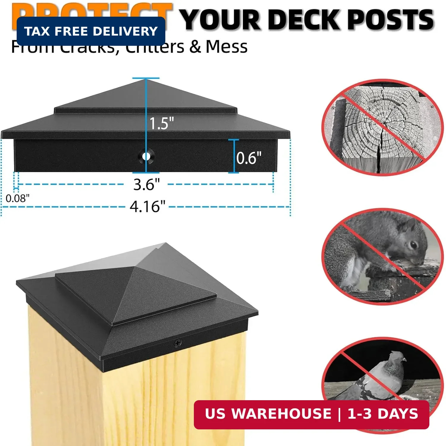 4 x 4 Ultra Durable Aluminum Pyramid Post Caps Fits Actual 3.5″ x 3.5″ Wood Post