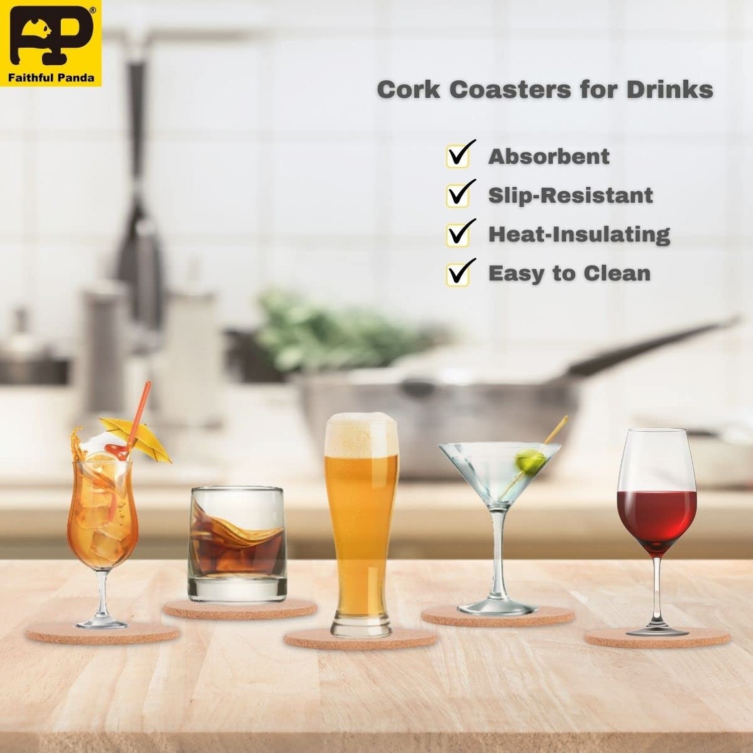 Faithful Panda 65-Piece Rounded Edge Cork Coasters for Drinks, 5 mm Thick, 4….