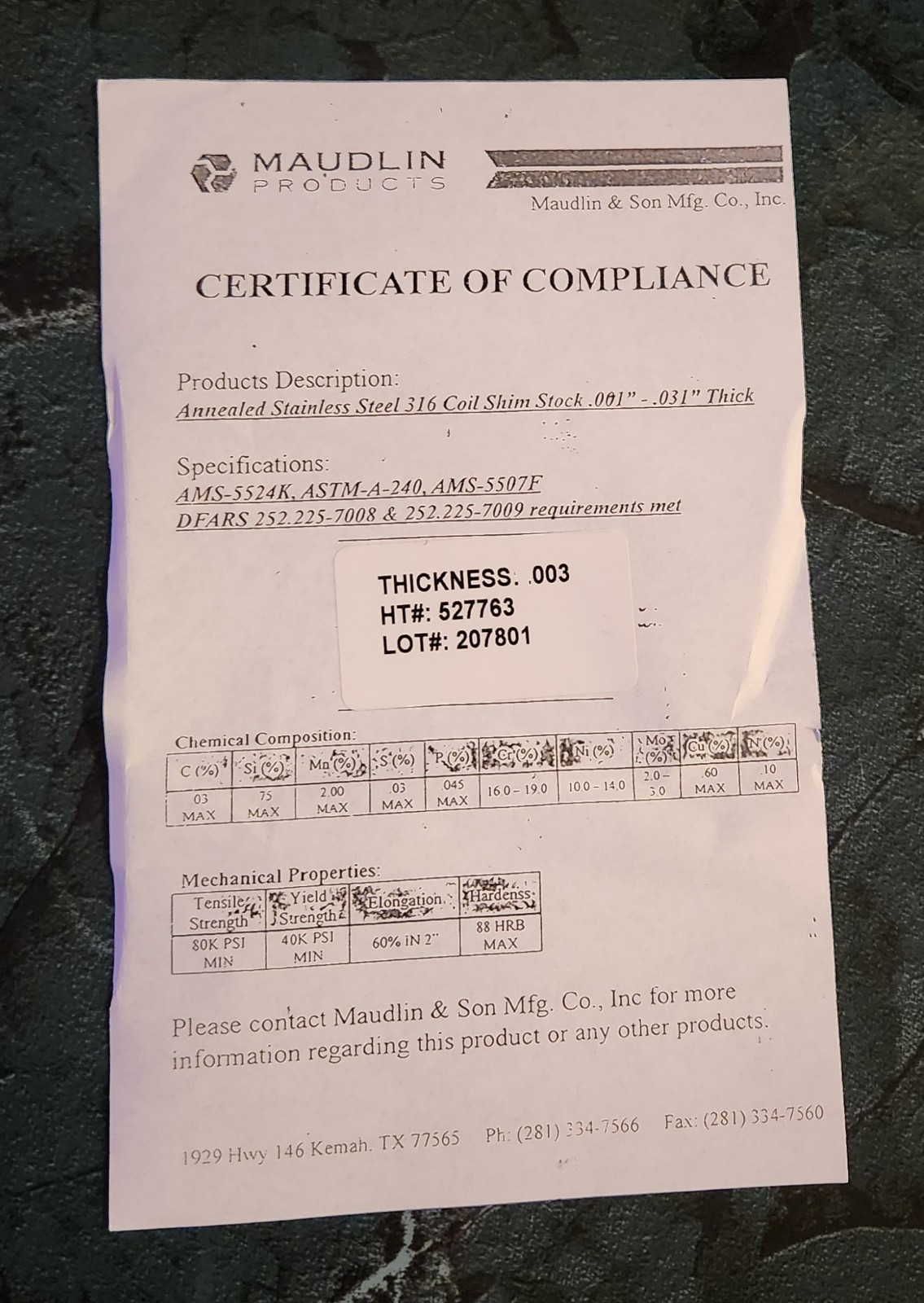 3 Maudlin 316 Stainless Steel Sheets Annealed .003″ Thick × 8″ Width × 12″ Long