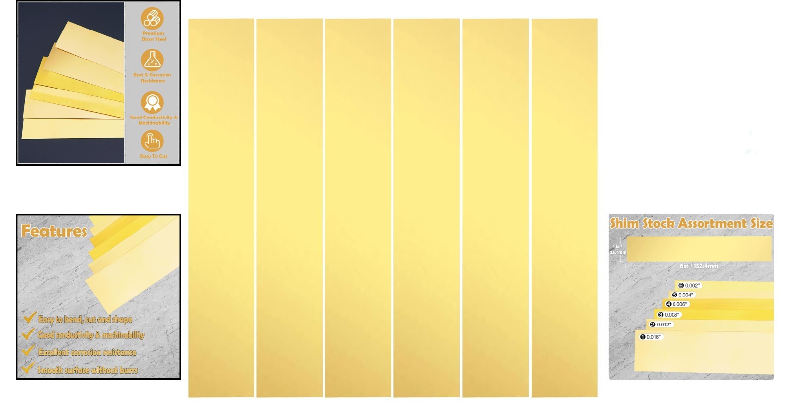 Brass Shim Stock Assortment – 6-Piece Set, 1″x6″, 0.002″ to 0.016″ Thickness