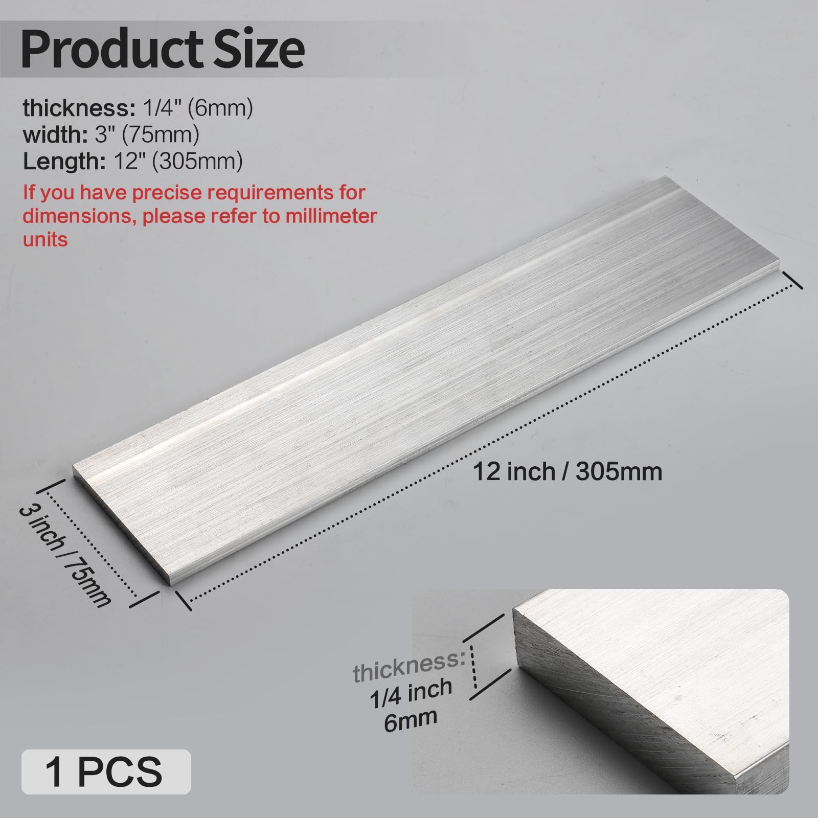 1 PCS 1/4x3x12 Inch 6061 Square Aluminum Flat Bar Plate 6x75x305mm T6511