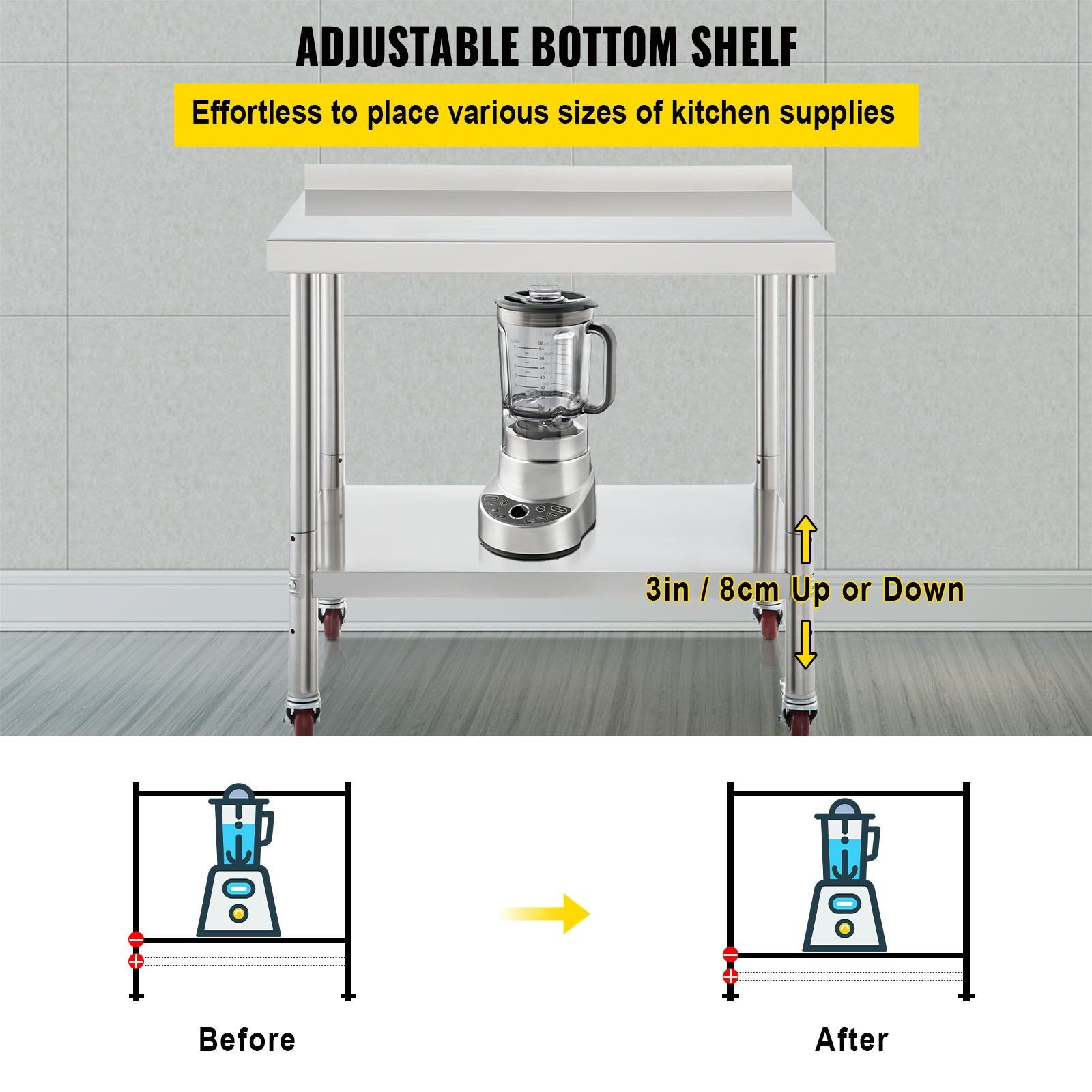 Stainless Steel Prep Table 30x24x35in with Adjustable Shelf & Casters