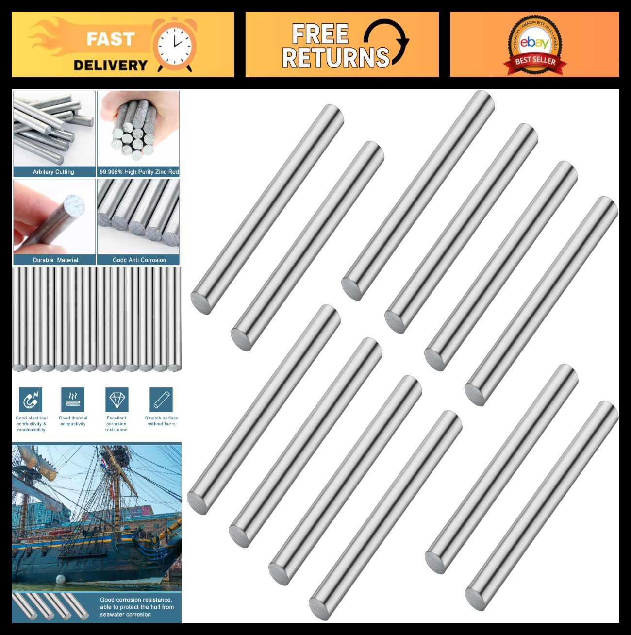 12 Pcs High Purity Zinc Rods 99.995% Anti-Corrosion Anodes for Experiments 3.94″