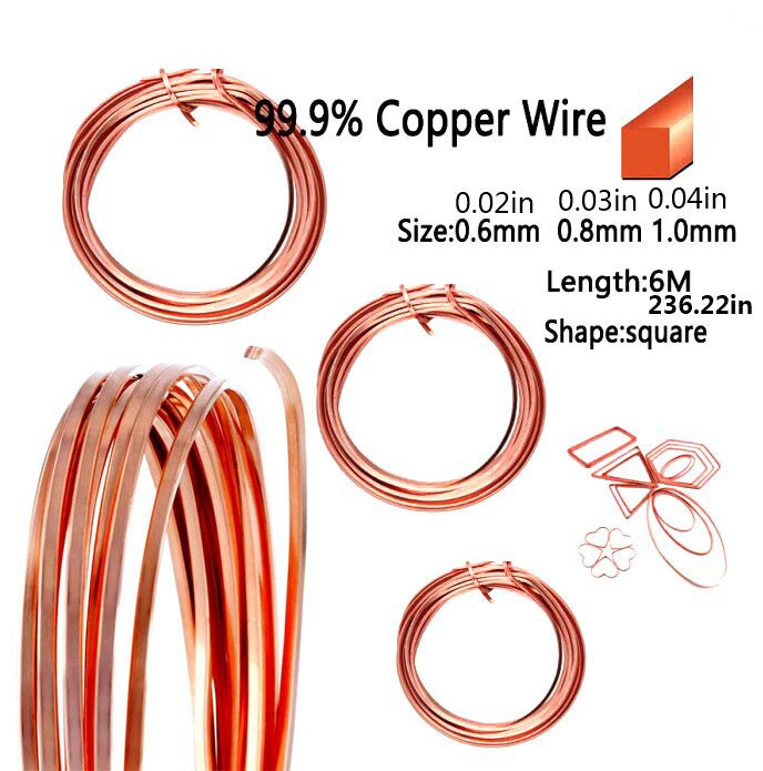 0.6/0.8/1mm Copper Flat Wire Square, Eco Friendly, for Jewelry