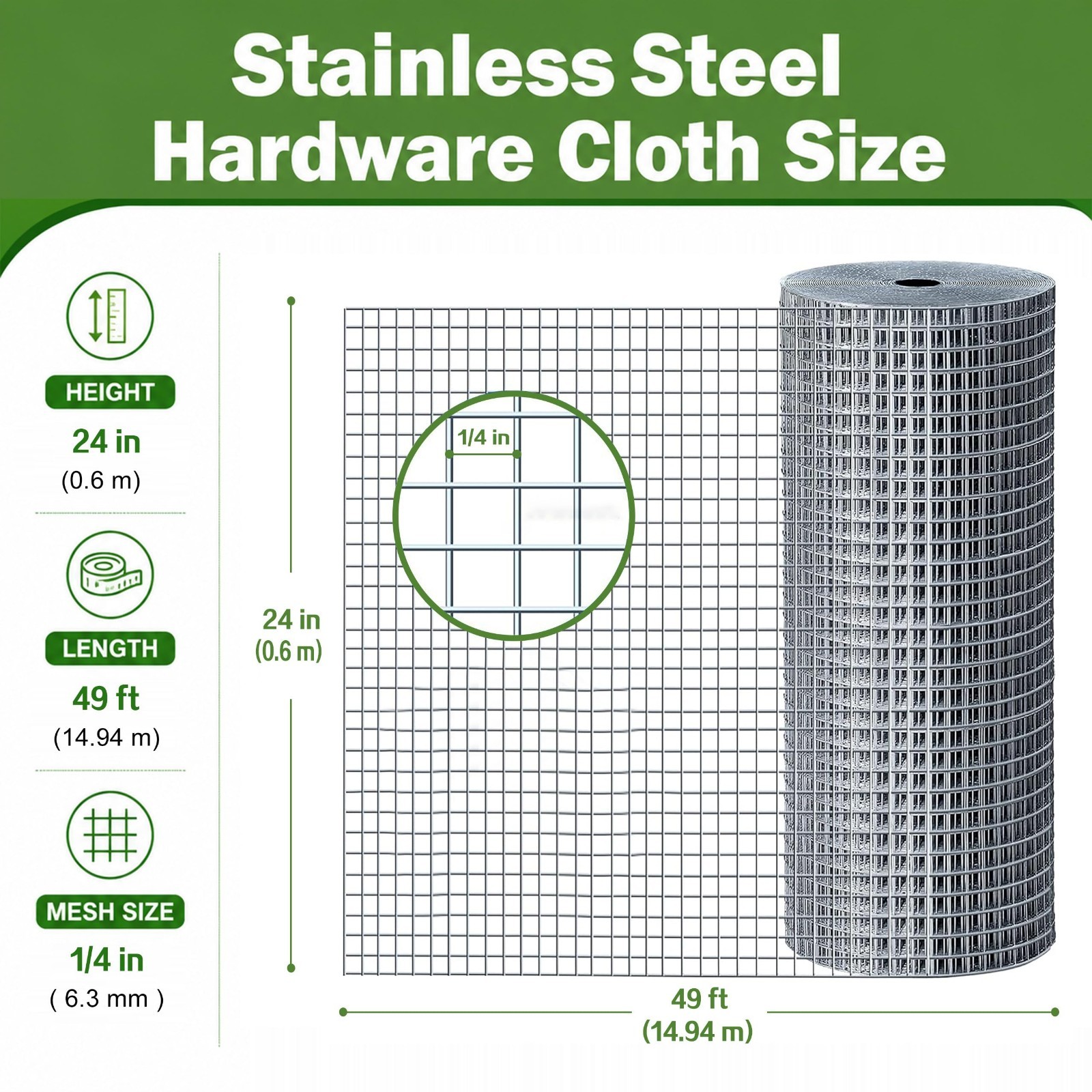 304 Stainless Steel Wire Mesh Roll 1/4″ 23 Gauge – Garden Fencing, Chicken Coop,