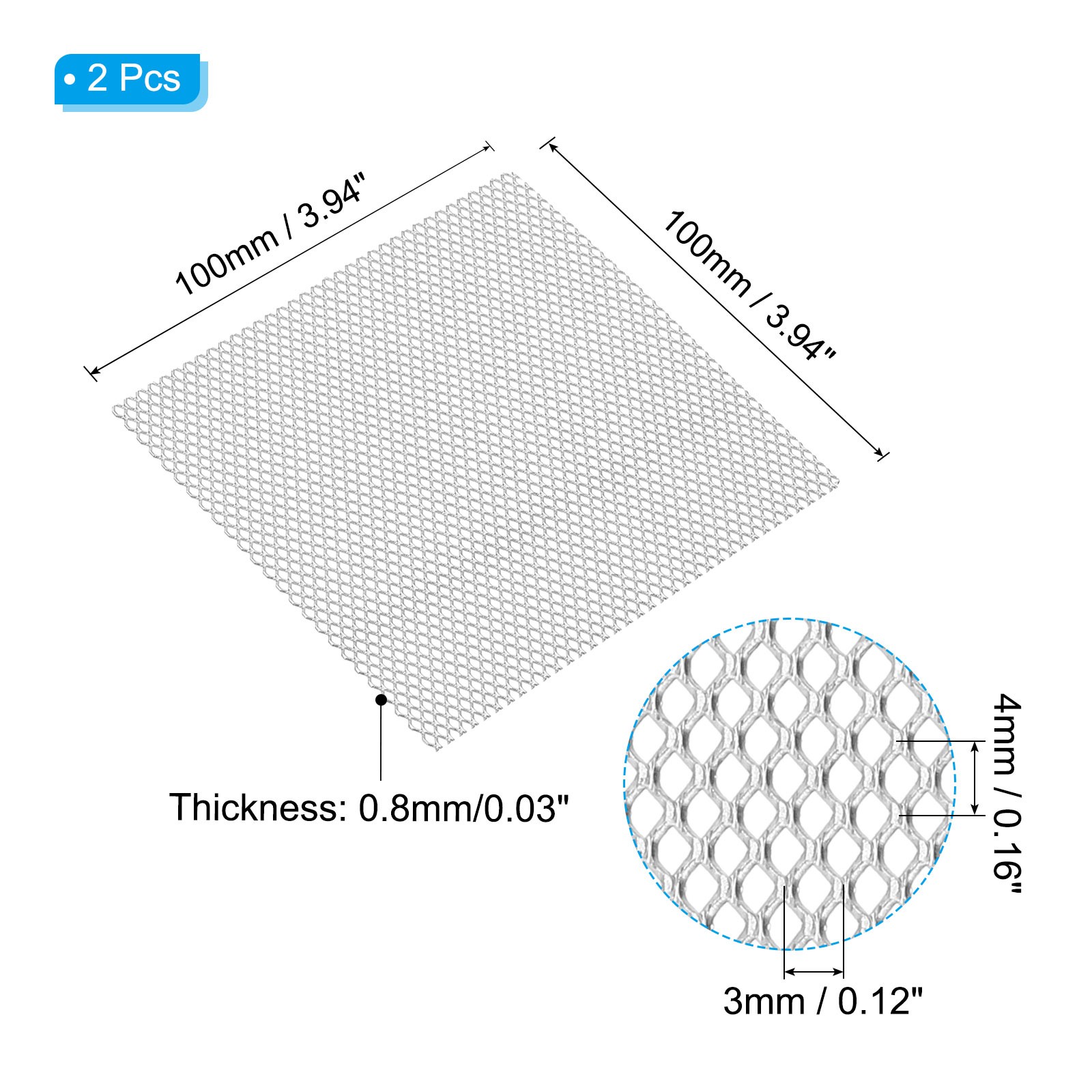 4″L x 4″W Universal Car Grill Mesh, 2Pcs 3x4mm Diamond Hole, Silver Tone