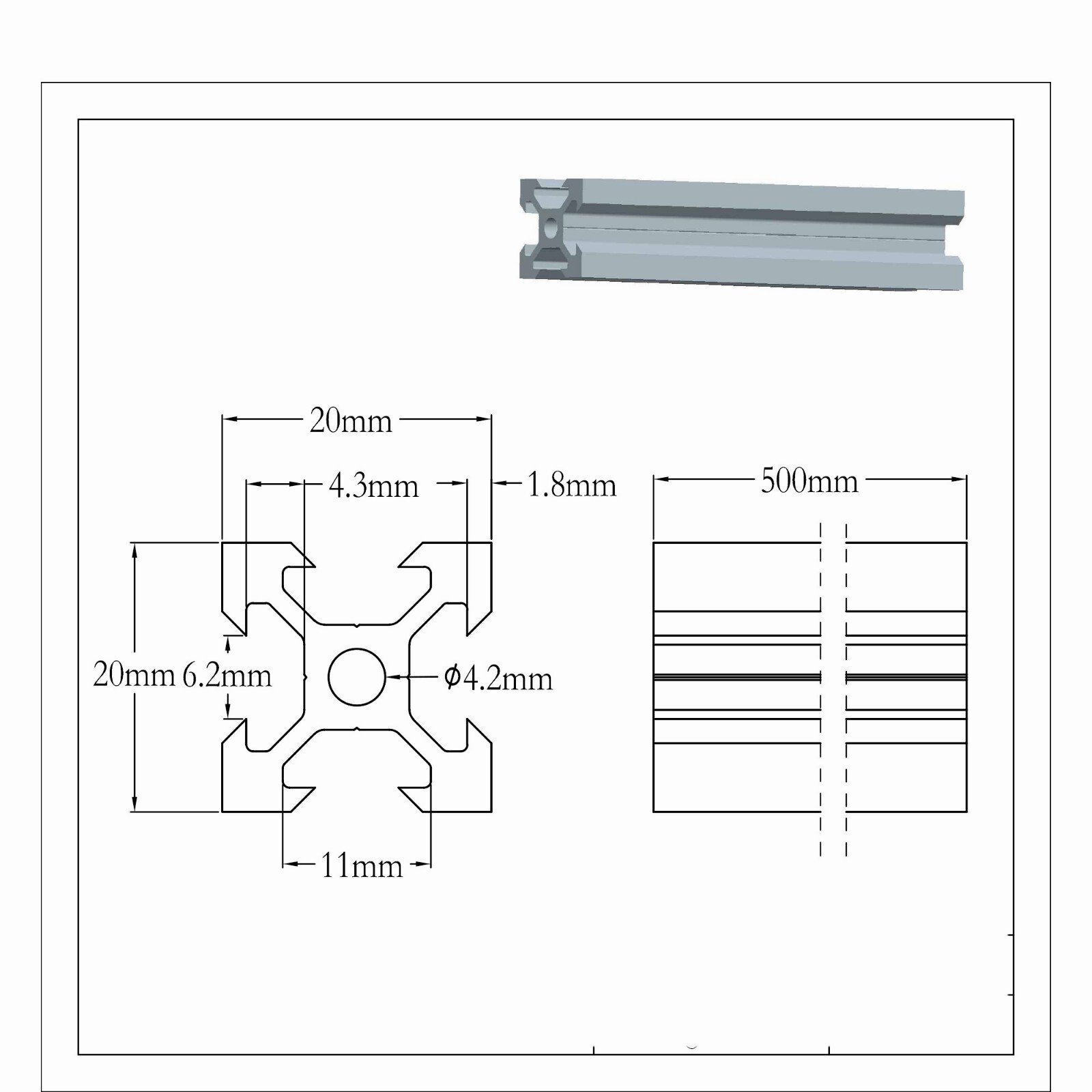 4Pcs 500mm 19.69″ 2020 V Type Slot Aluminum Profile European Standard 20mmx20mm