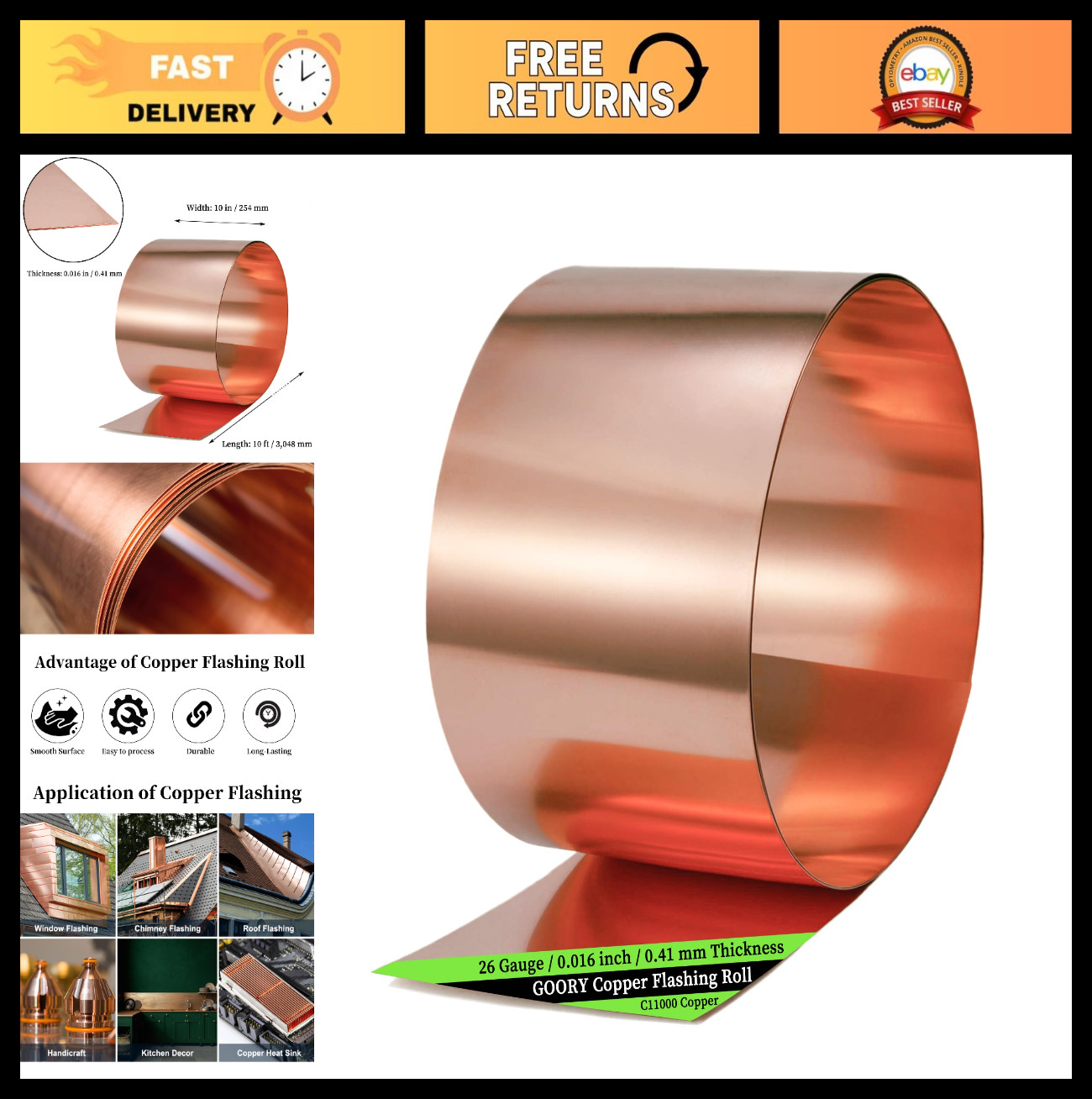 26 Gauge Copper Flashing Roll 10in x 10ft – Pure Copper Sheet for Roofing & Craf