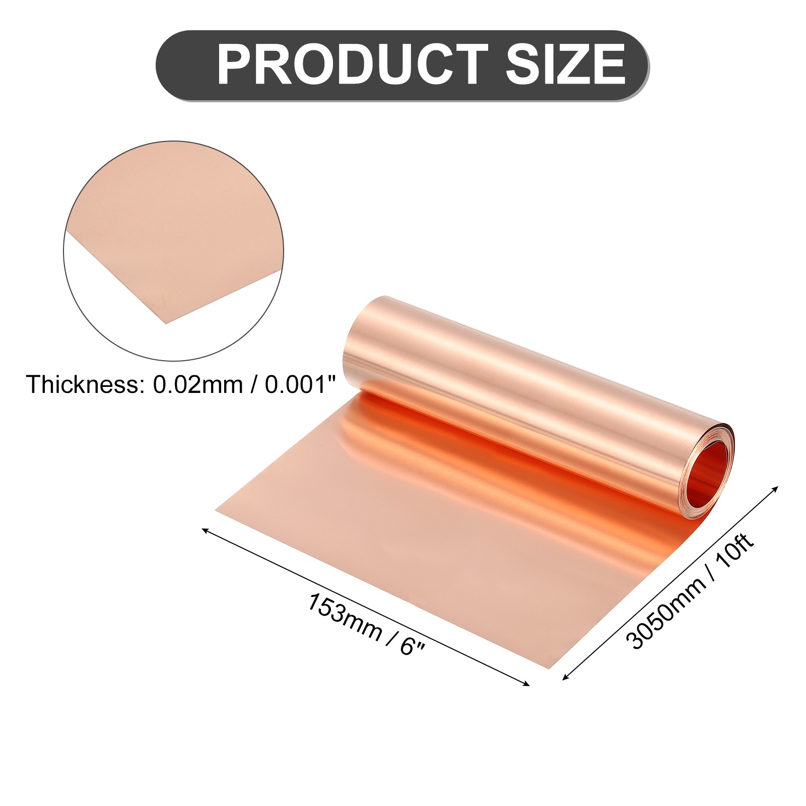 Pure Copper Sheet Roll, 0.02mm 34Ga Thick T2 10Ft x 6in Copper Strip for Craft
