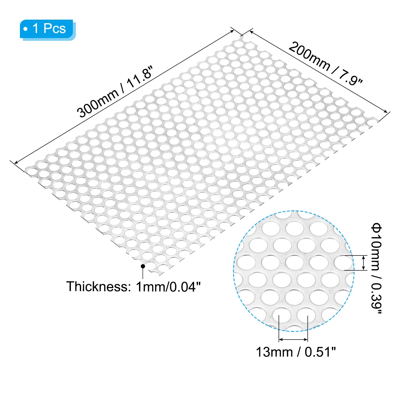 11.8″ L x 7.9″ W Perforated Metal Sheets, 18Ga 0.39″ Hole 304 Stainless Steel