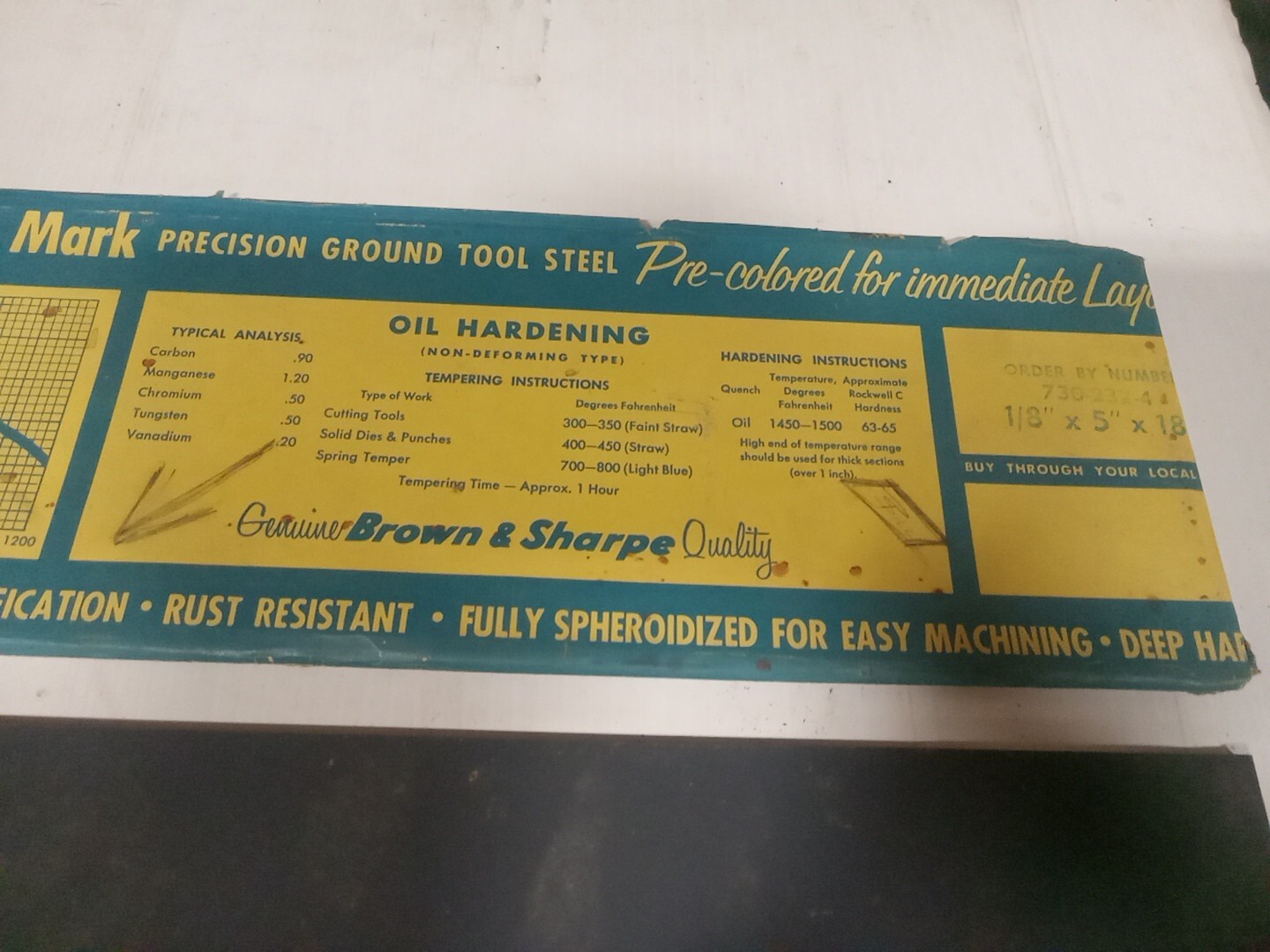 Vtg TOOL Brown & Sharpe 1/8″ x 5″ X 18″ FLAT GROUND STEEL OIL HARDENING Sheet