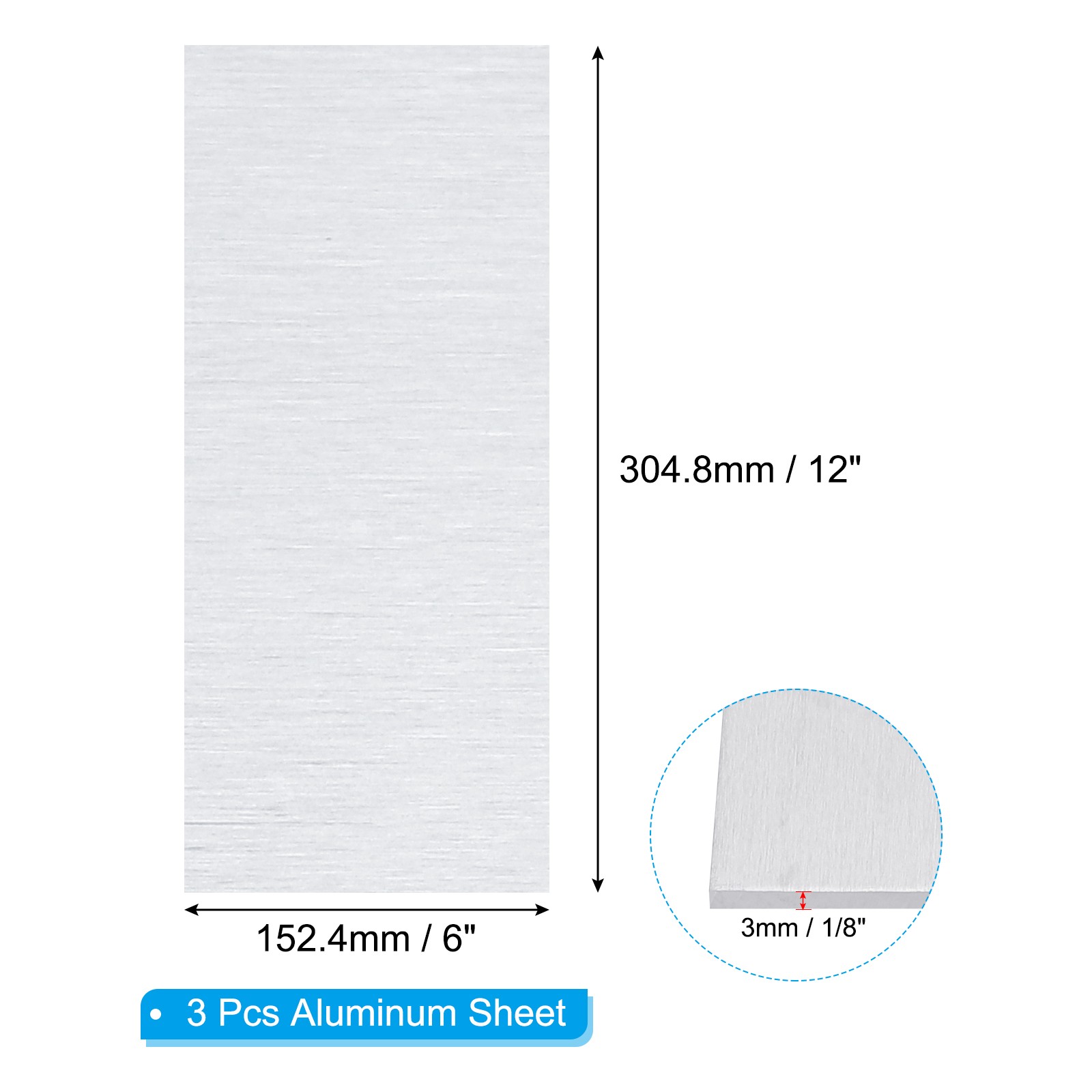 6061 T651 Aluminum Sheet Metal 6 x 12 x 1/8(0.125″) Inch 3Pcs Flat 3MM