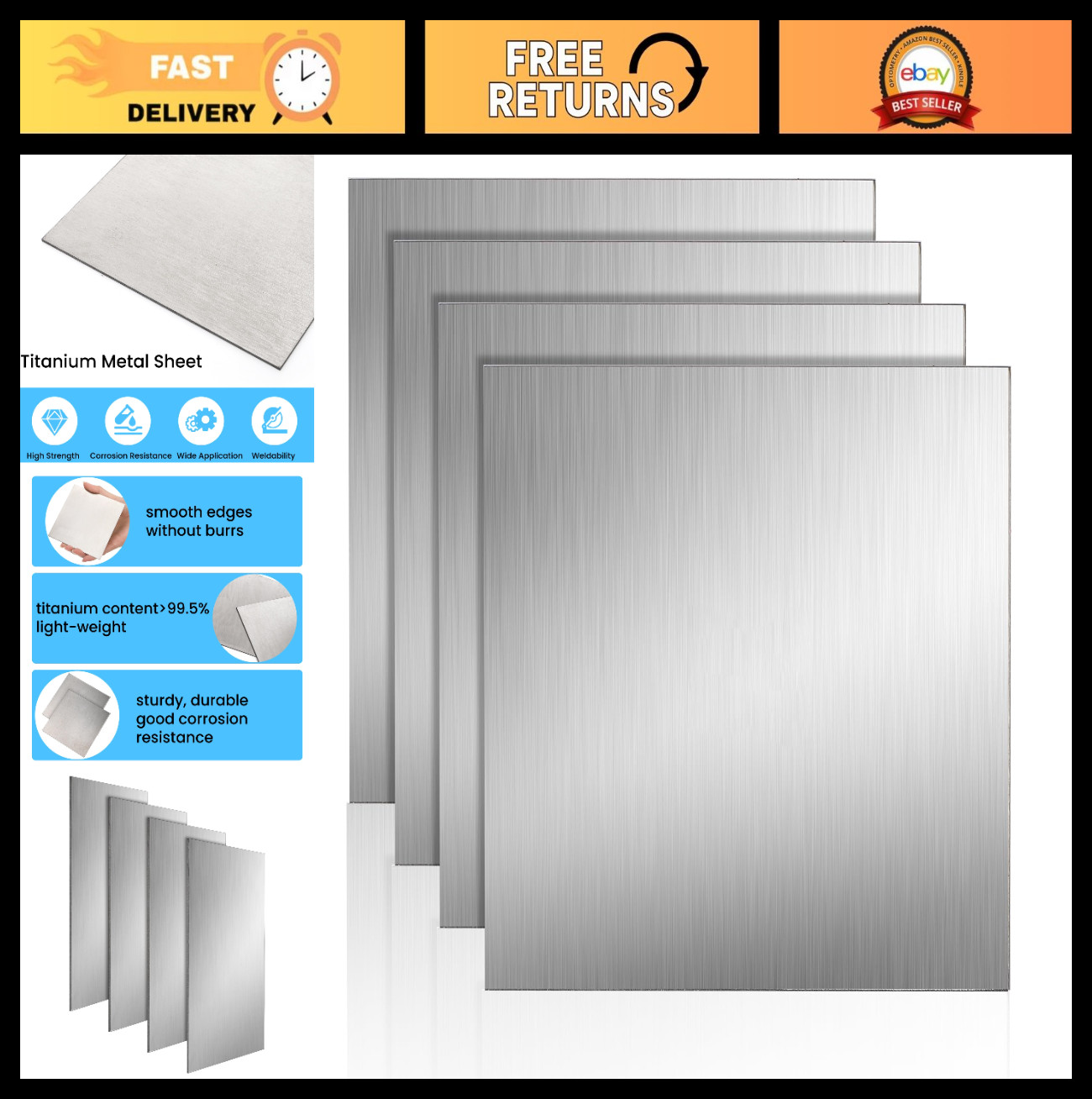 4 Pack Titanium Metal Sheets 4″x4″x0.04″ TA1 Alloy Plates for DIY Crafts & Metal