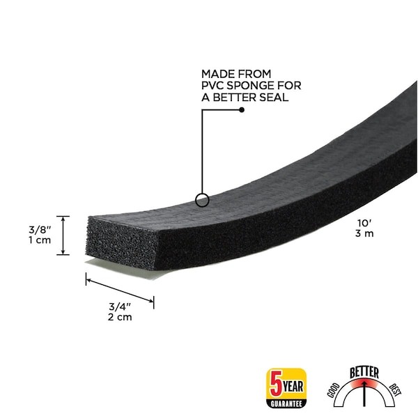 Zoro Select 2Rrf4 Foam Seal, 10 Ft., 3/4 In. W, Black, Rubber, 2Rrf4