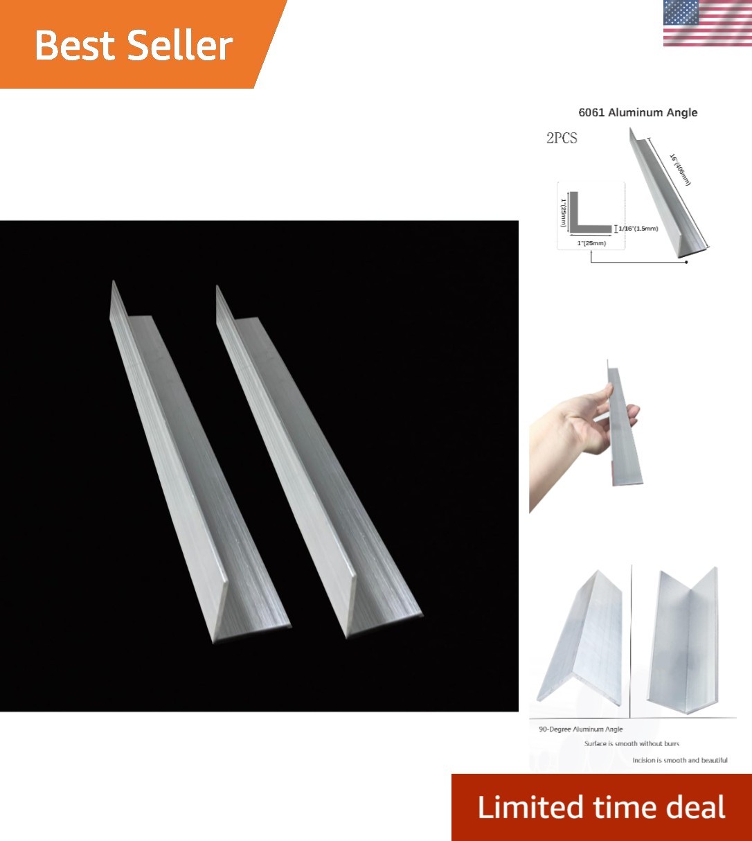 Durable 16″ Aluminum Angle 1″ x 1″ x 1/16″ – Rust-Resistant 6061 T6 Mill Stock
