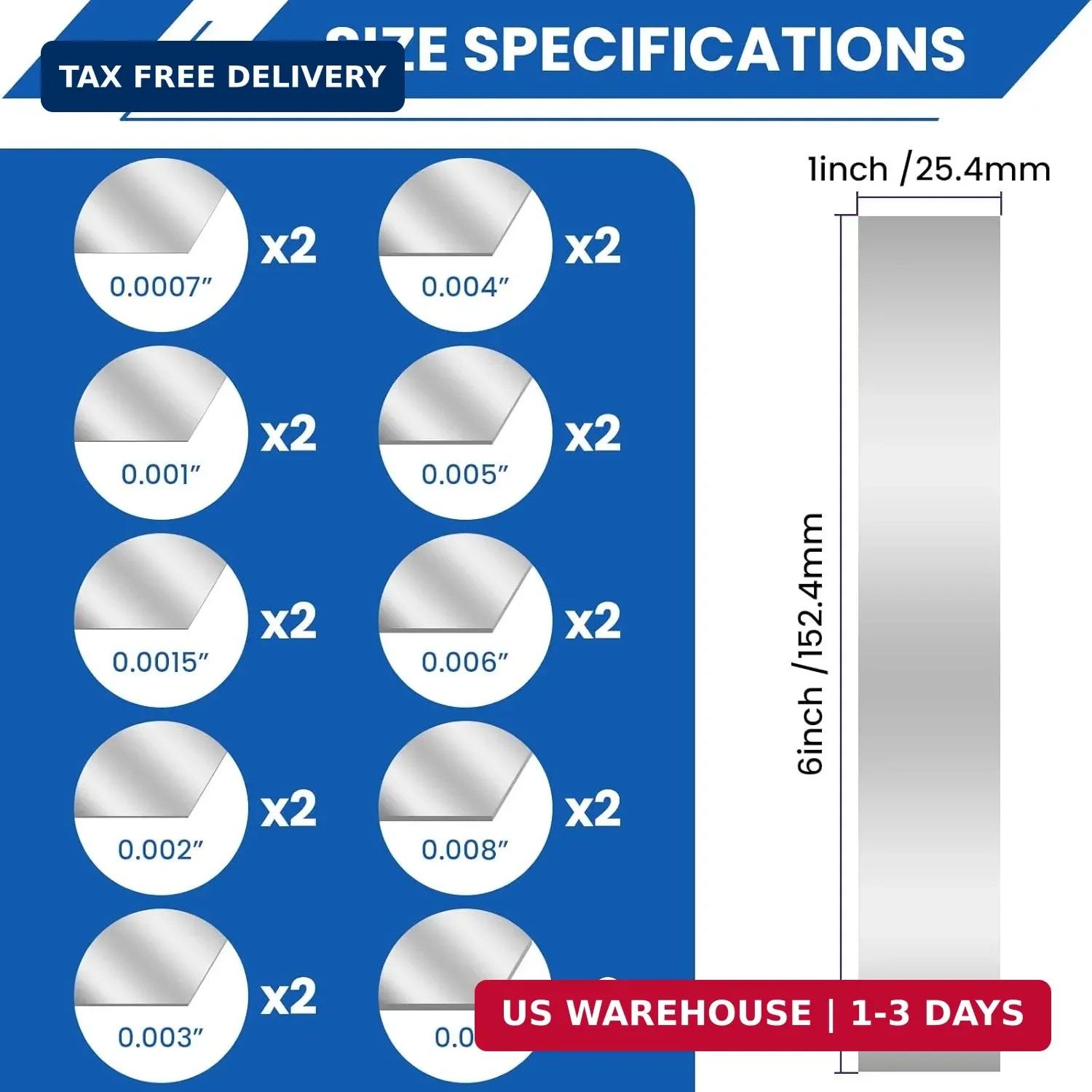 20 Pcs 304 Stainless Steel Shim Stock Assortment, 1″ W x 6″ L, 10 Sizes (0.0007″