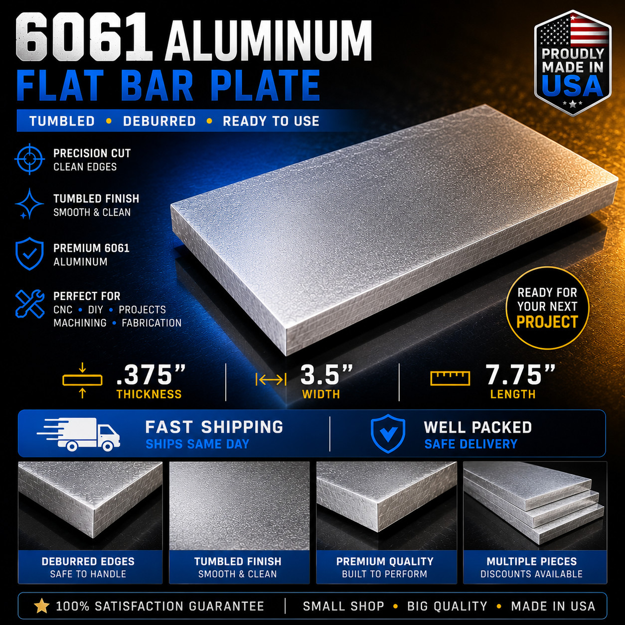 6061-T6 Aluminum Flat Bar Plate 3/8″ x 3-1/2″ x 7-3/4″ CNC Mill Block Remnant
