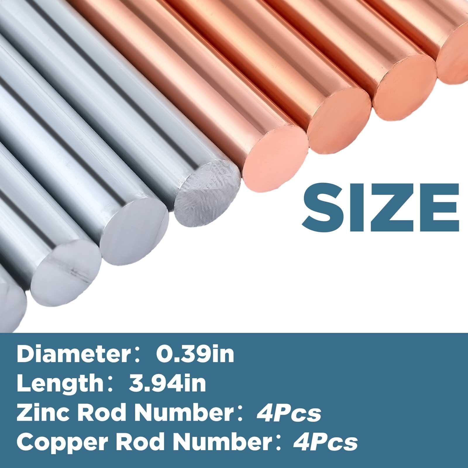 8 Pcs High Purity Copper Zinc Rods 99.995% Solid Metal Bars for DIY Crafts & Exp
