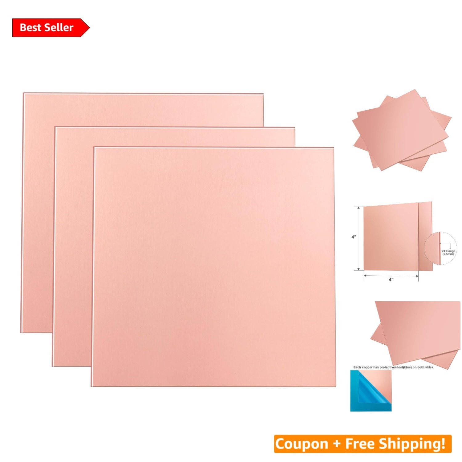 99.9% Pure Copper Craft Sheets (3 Pack) – 4″x4″ for Jewelry and Model Building