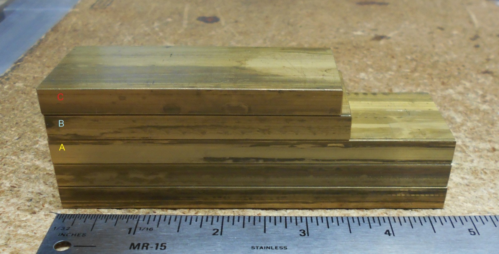 (5) pieces 360 SOLID BRASS flat bar stock 5/16 x 1-1/2, L 3-1/4 to 4-5/8″-CUTOFF