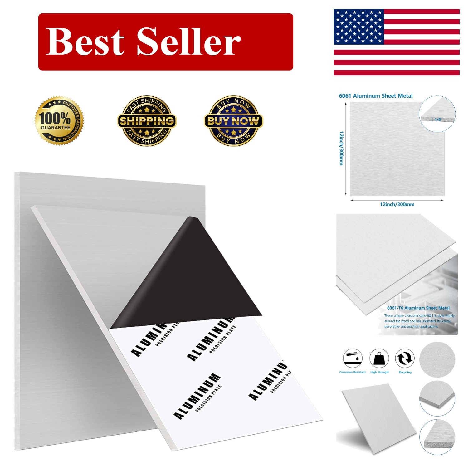 Heavy Duty 6061 Aluminum Sheet Metal 12×12 Inch, 2-Pack with Protective Film