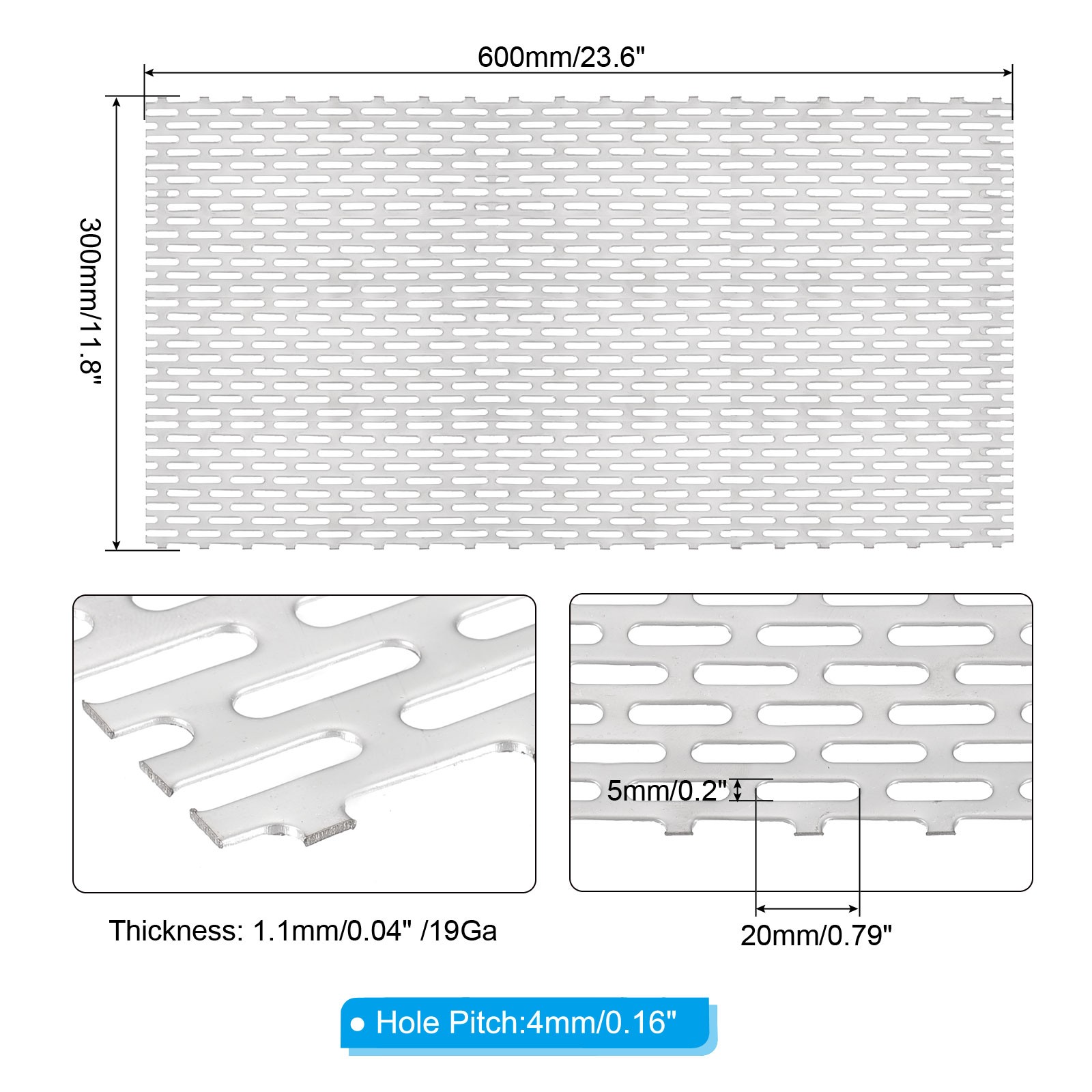 23.6″ x 11.8″ Perforated Metal Sheets, 19Ga 1.97″ x 0.79″ Oval Hole Mesh