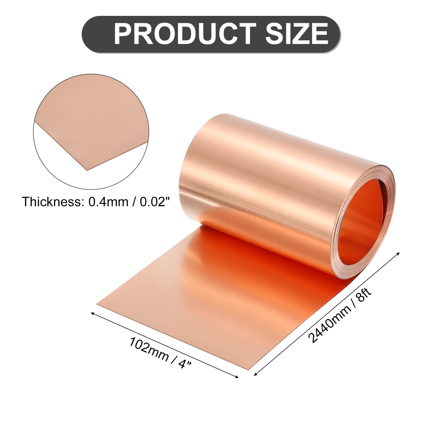 Pure Copper Sheet Roll, 0.4mm 26Ga Thick T2 8Ft x 4in Copper Strip for Craft