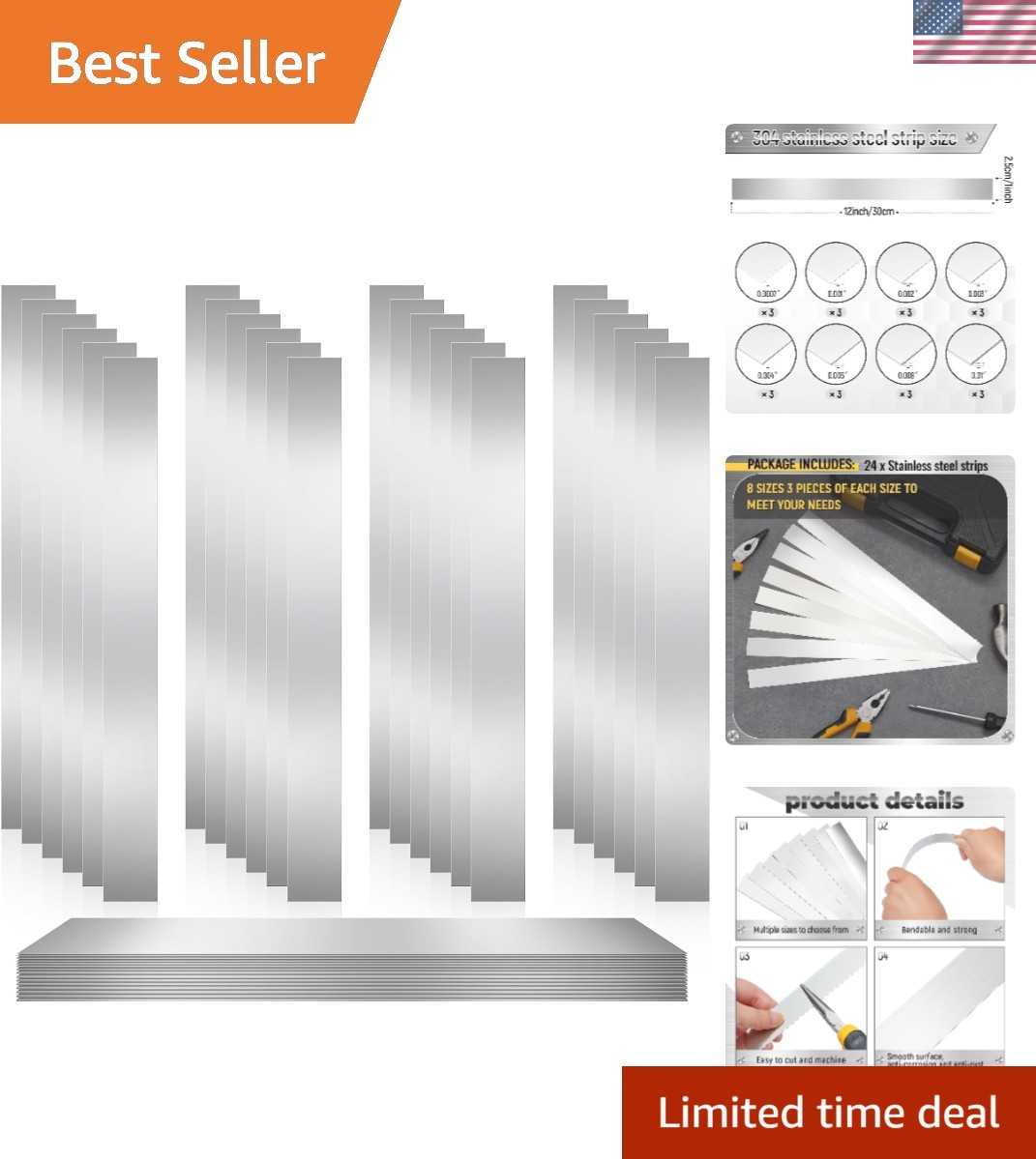 Metal Shim Stock Assortment: 24 Pcs of Durable 12” x 1” Stainless Steel Strips