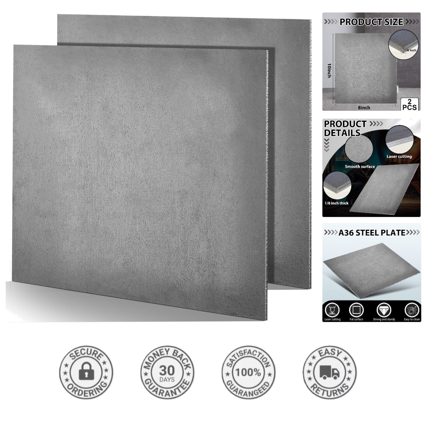 2 Pcs A36 Hot Rolled Steel Plates, 1/8” x 8” x 10”, Durably Weldable Sheets