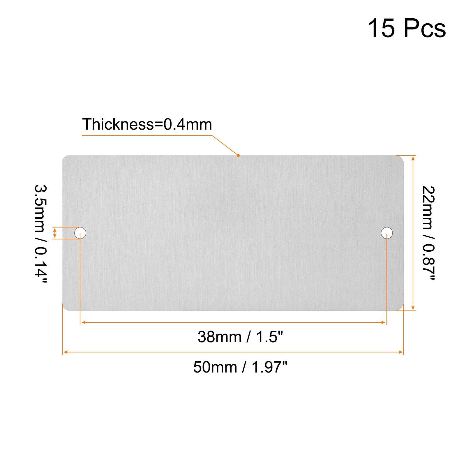 50x22x0.4mm Brushed Stainless Steel Blank Metal Card with Hole Silver Tone 15Pcs