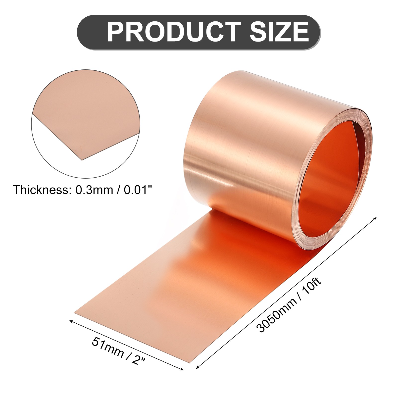 Pure Copper Sheet Roll, 0.3mm 22Ga Thick T2 10Ft x 2in Copper Strip for Craft