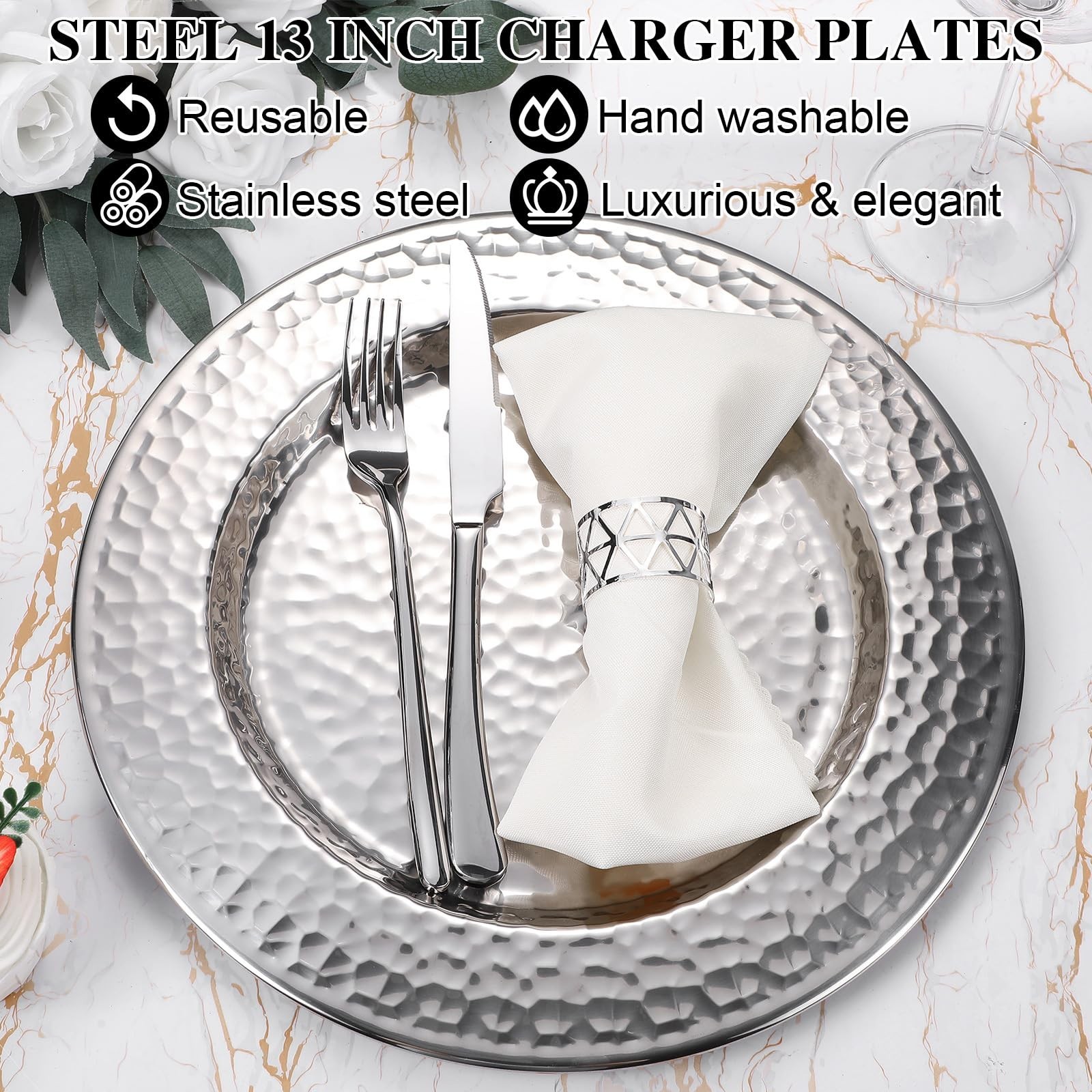 FillTouch 12 Packs Chargers Plates Bulk 13 Inch Stainless Steel Hammered Rim …