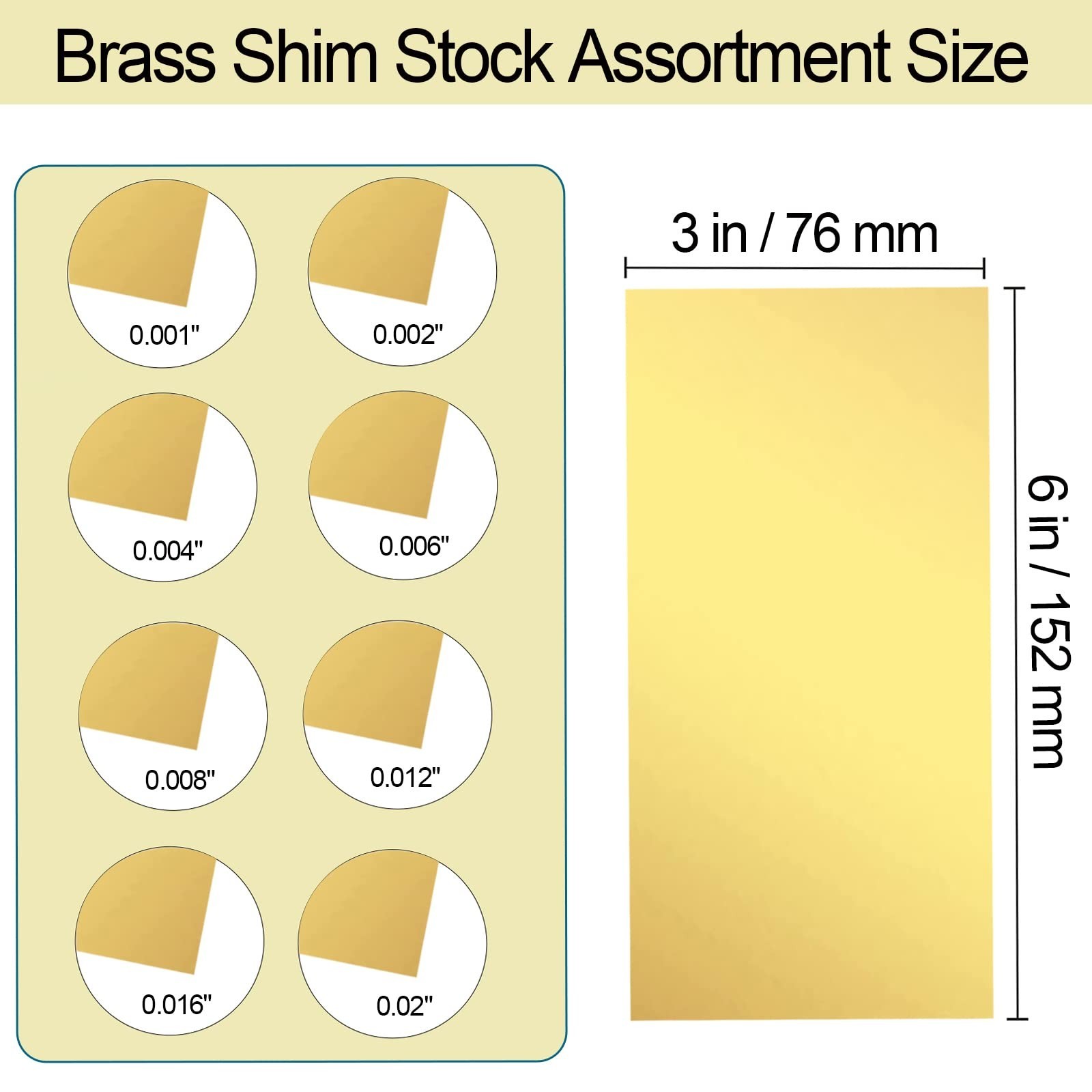 8-Piece Brass Shim Stock Assortment, 6″x3″, Various Thicknesses 0.001″-0.020
