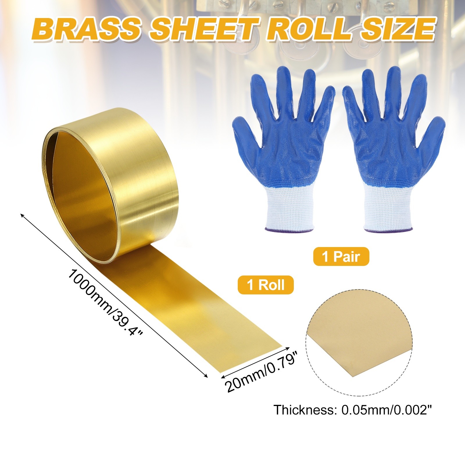 Brass Sheet Roll, 0.002 x 0.79 x 39.4 Inch H62 Thin Brass Foil Strip Plate Shim