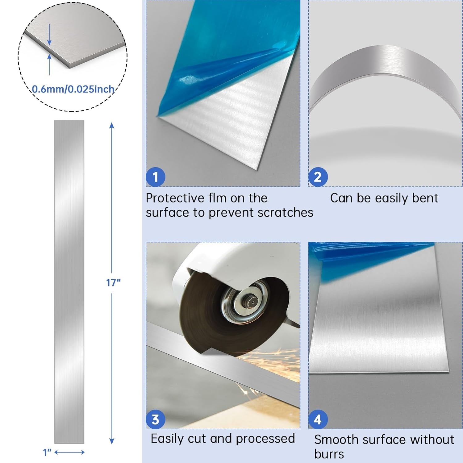 10 Pcs 304 Stainless Steel Strips17″x 1″x 0.02″ Thickness,Brushed Stainless S…