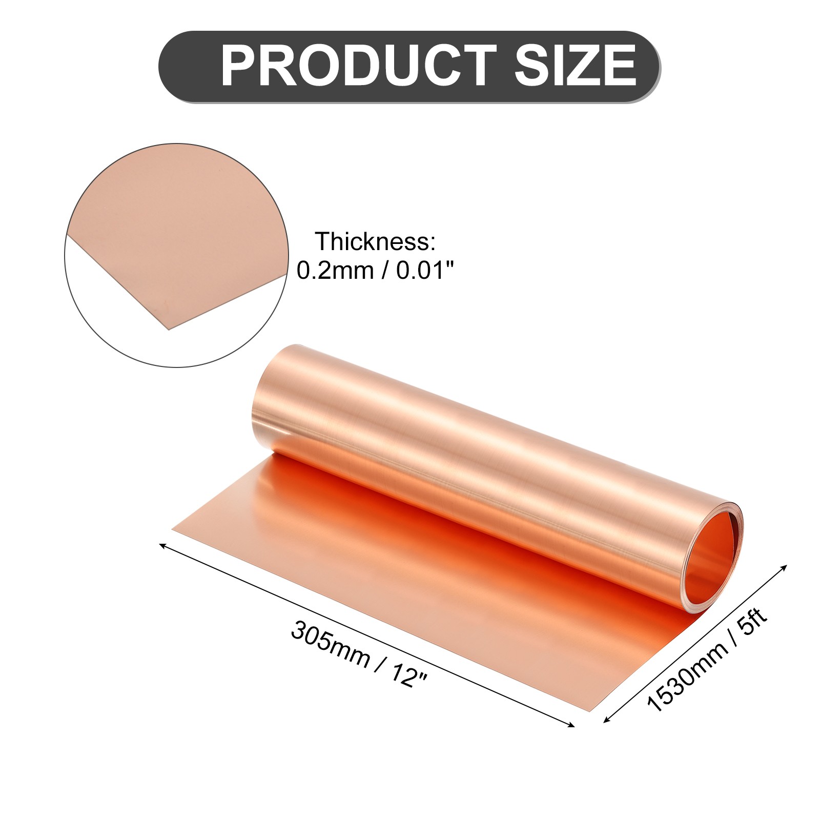 Pure Copper Sheet Roll, 0.2mm 24Ga Thick T2 5Ft x 12in Copper Strip for Craft